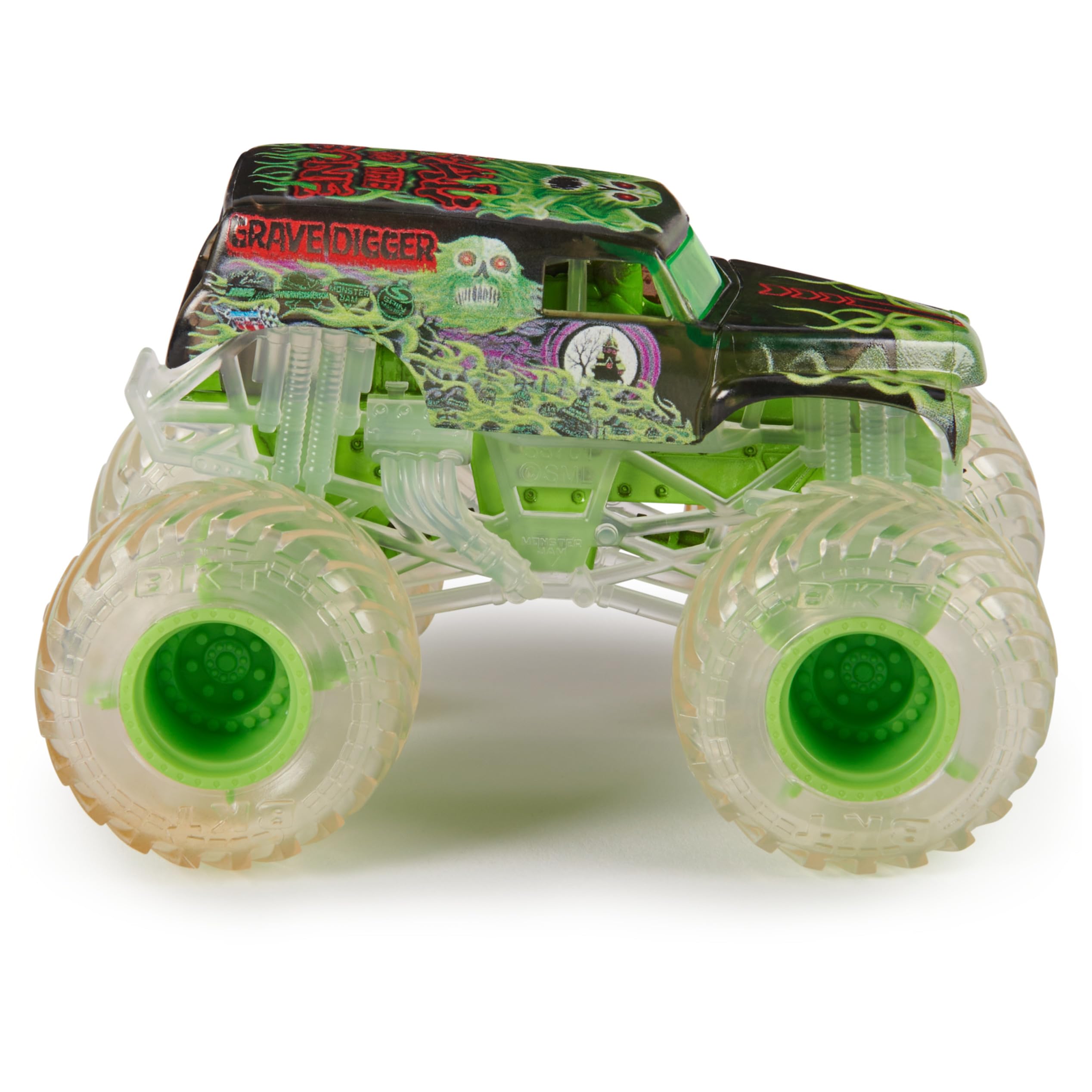 Monster Jam Grave Digger 1:64 side profile highlights decals and stance for play.