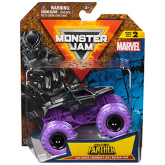 Monster Jam Black Panther truck front view highlights iconic colors and heroic styling.