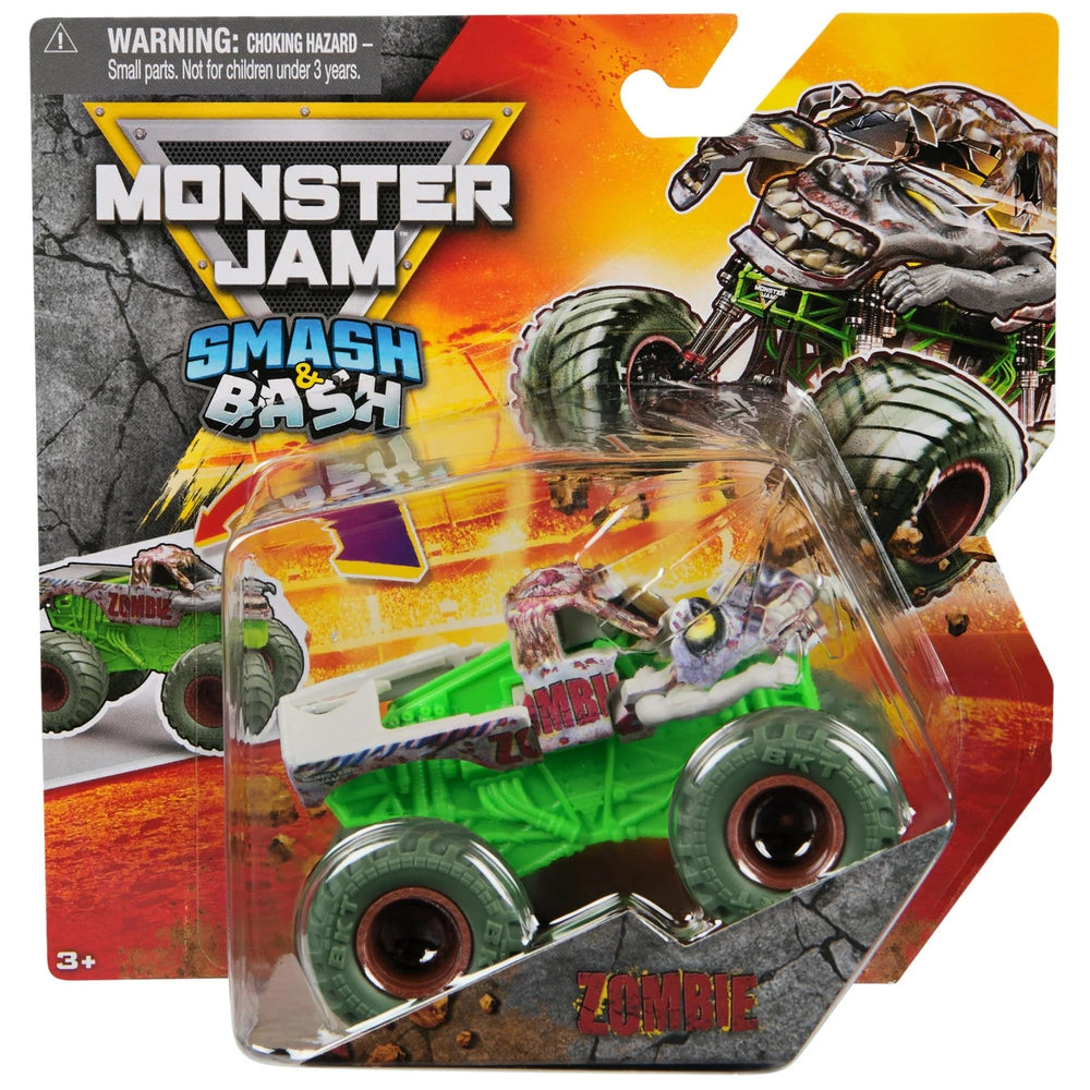 Monster Jam Smash and Bash Zombie action close-up showing the crash mechanism for repeated play