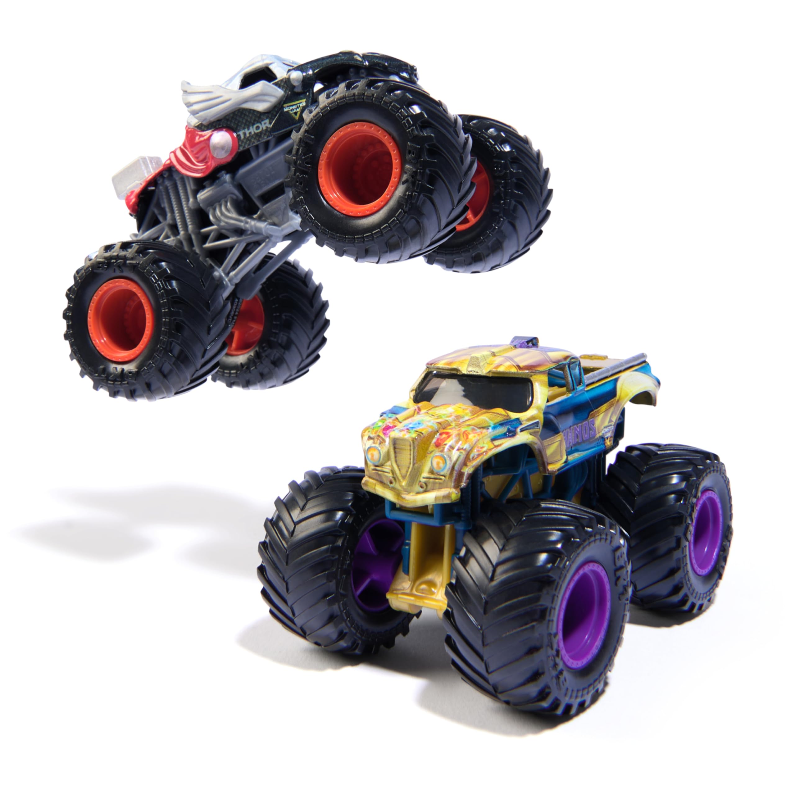Monster Jam Thanos vs Thor die-cast trucks for action-packed superhero showdowns