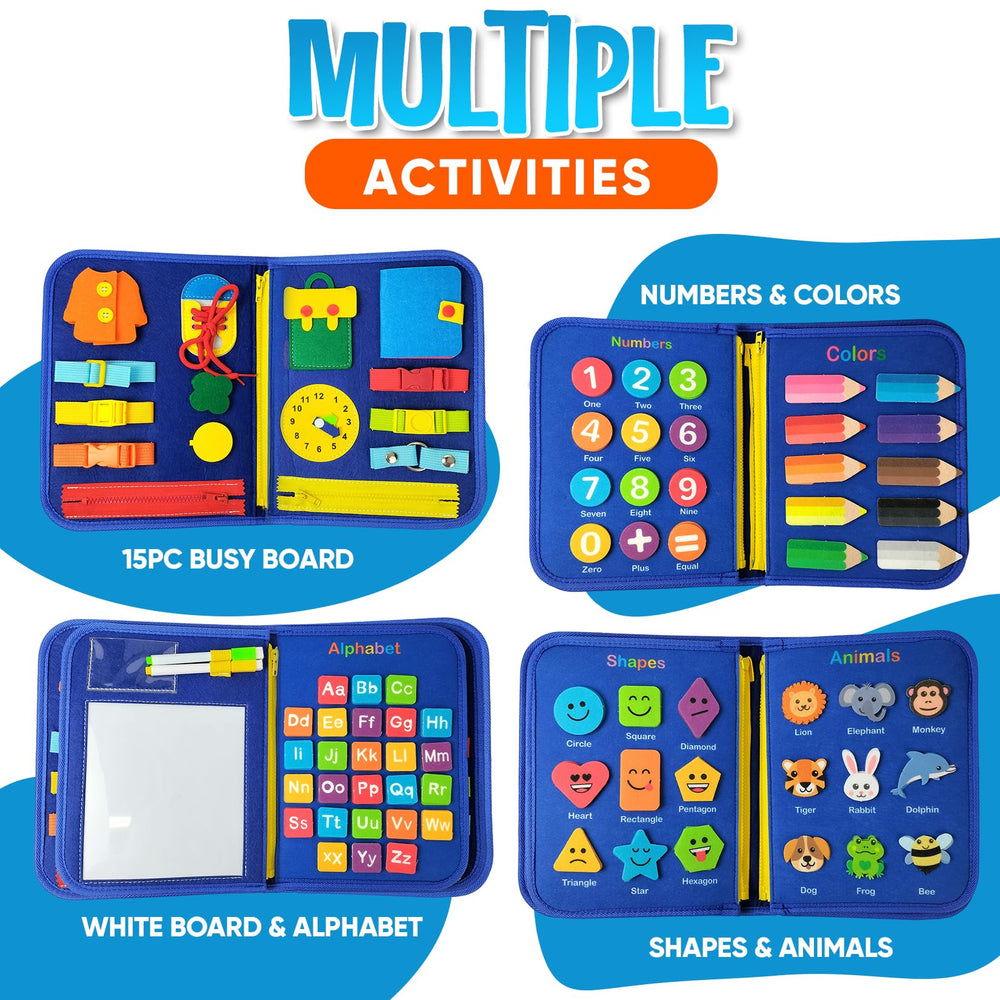 Montessori Busy Board 21-in-1 layout features buttons, zippers, and laces