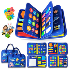 Montessori Busy Board front view highlighting learning pages and travel handle for on-the-go play