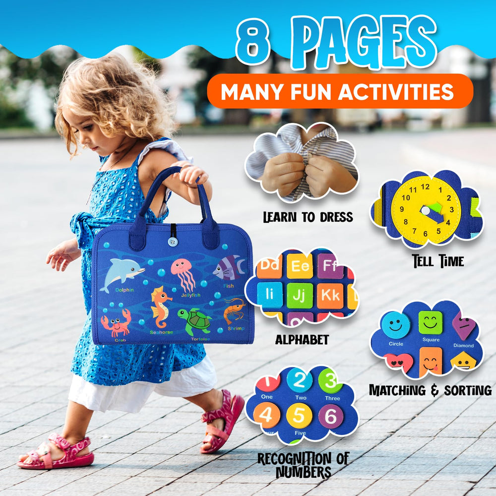 Montessori Busy Board soft felt fabric provides safe tactile play