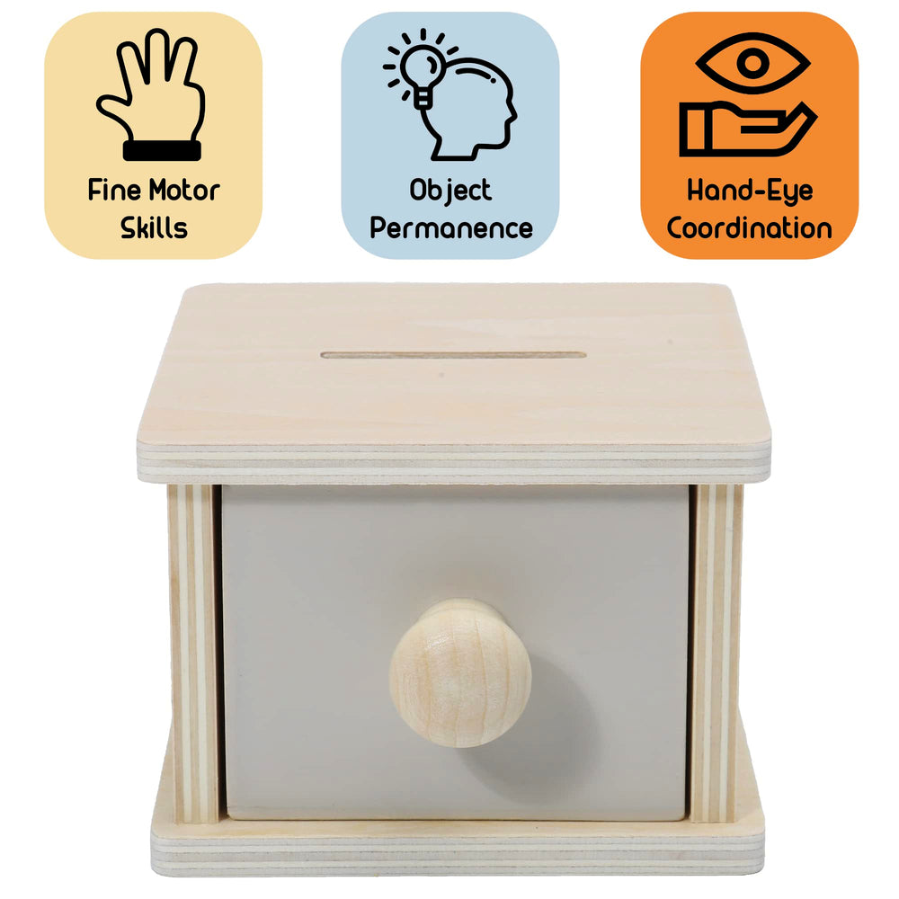 Montessori Mama coin box detachable drawer adds problem-solving fun.