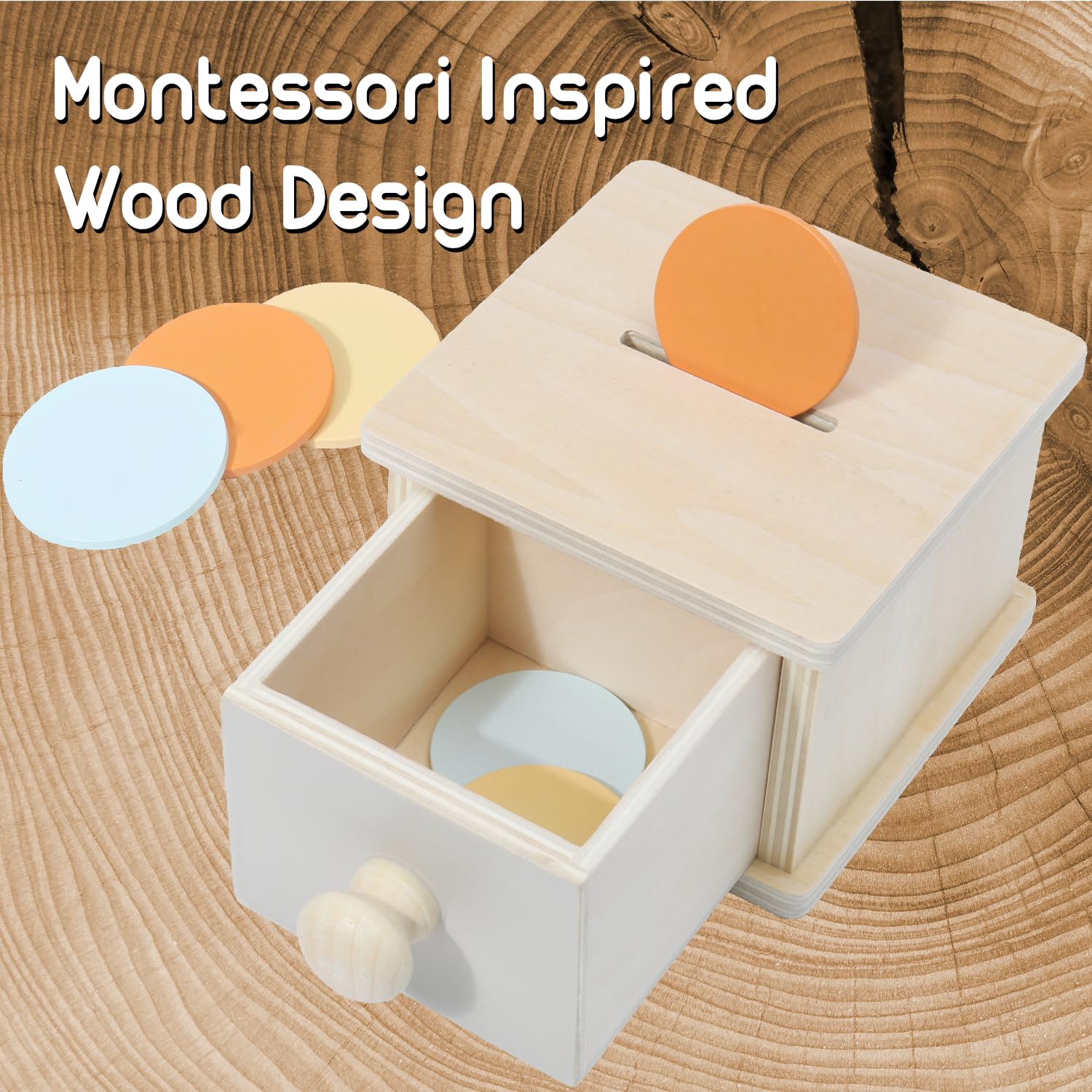Montessori Mama coin box six colorful coins encourage color recognition during play.