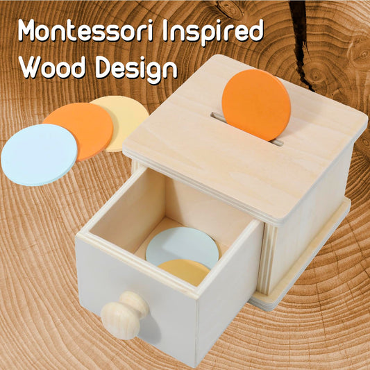 Montessori Mama coin box six colorful coins encourage color recognition during play.
