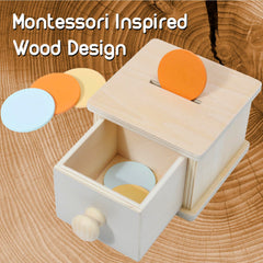 Montessori Mama coin box six colorful coins encourage color recognition during play.