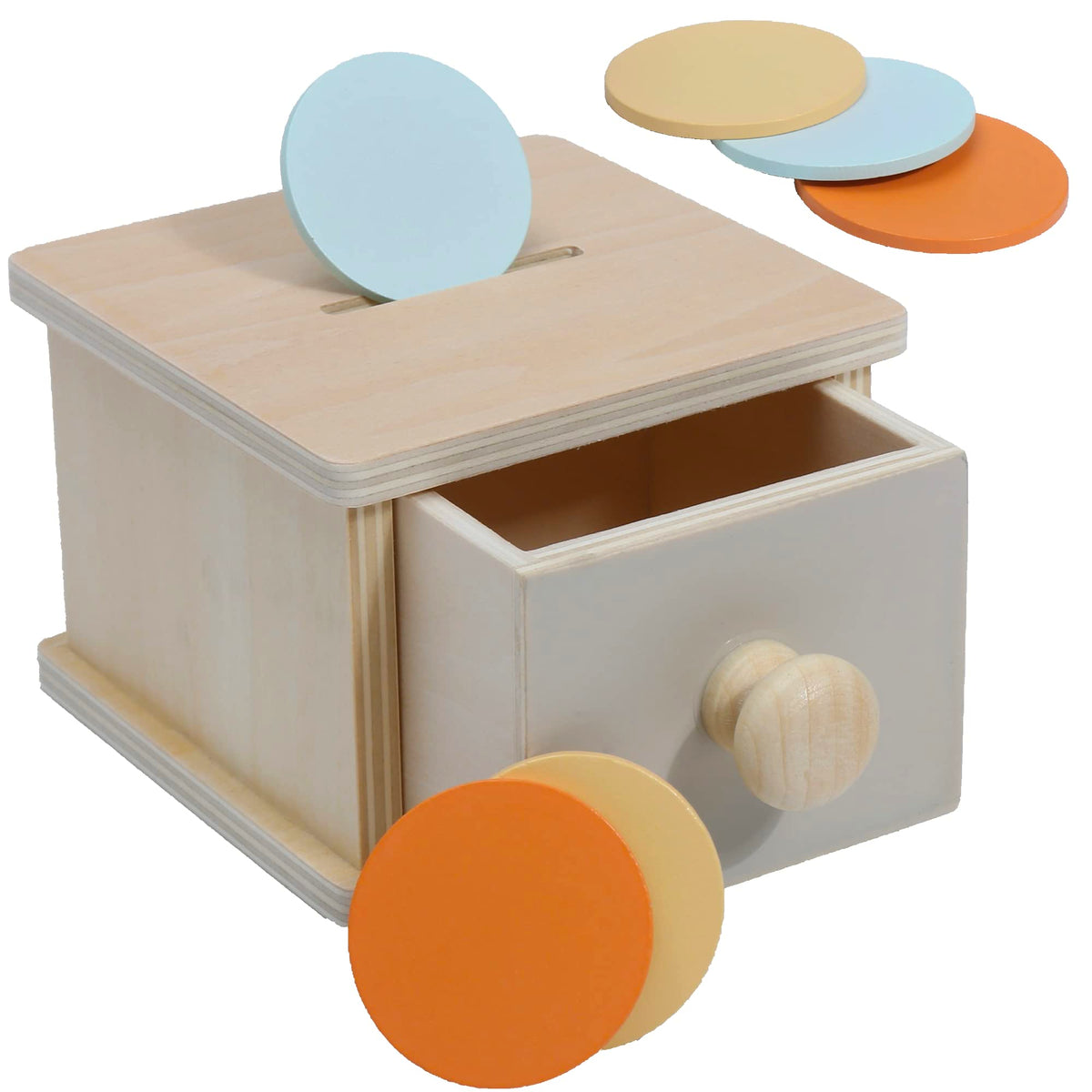Montessori Mama coin box top slots promote fine motor skills and focus.