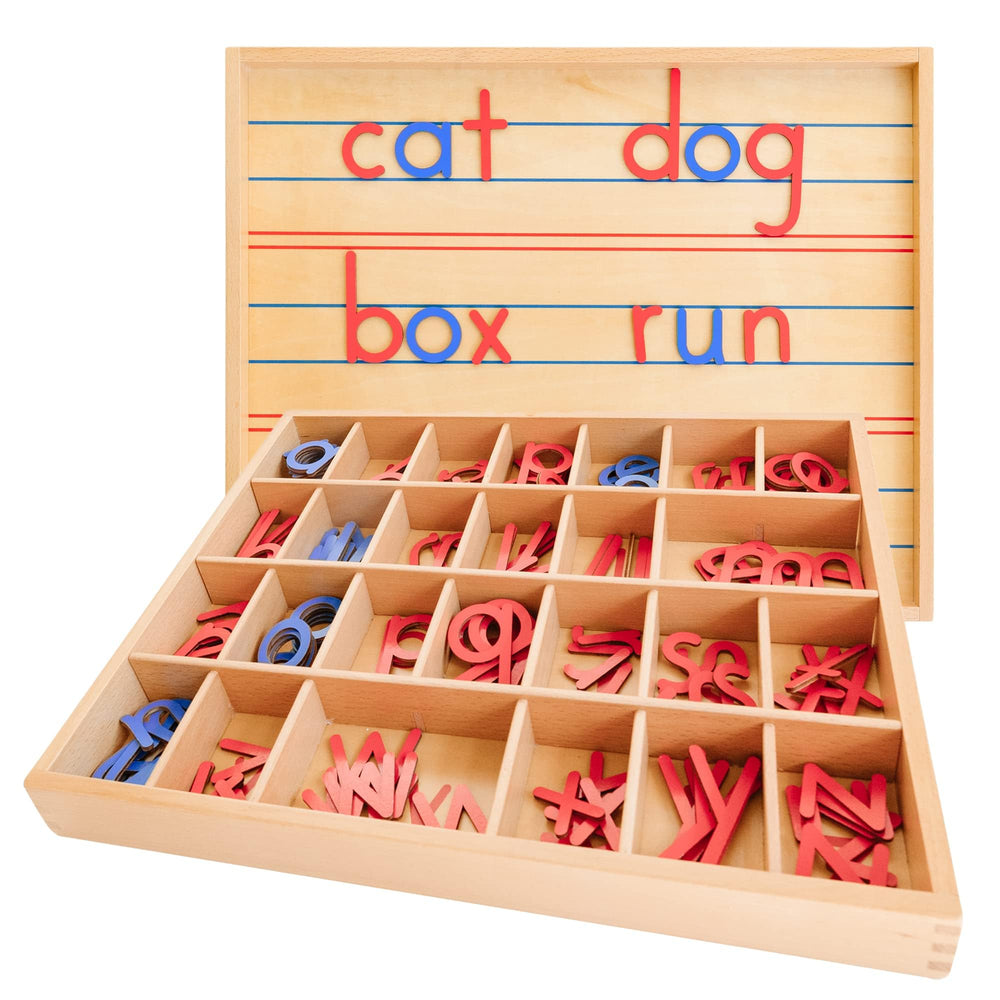 Montessori & Me Movable Alphabet wooden case offers sturdy letter storage for learning.