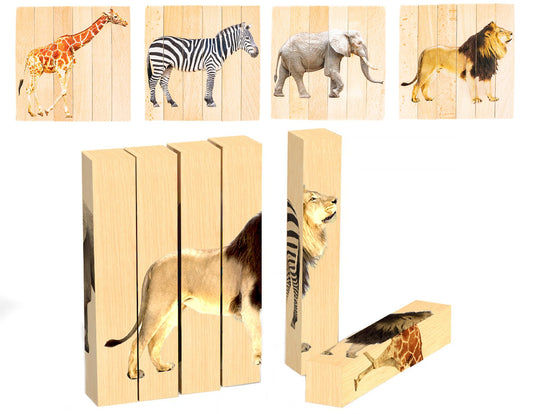 Montessori & Me wooden safari animal puzzle blocks promote problem-solving and fine motor skills