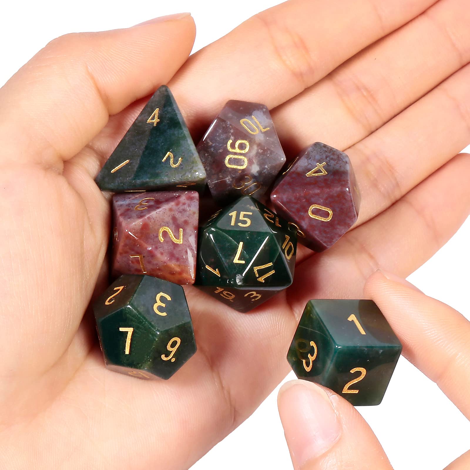 Mookaitedecor Indian Agate crystal dice close-up with clear golden numbers