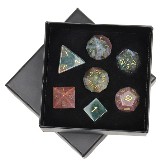 Mookaitedecor Indian Agate polyhedral DND dice set in chakra box for tabletop play