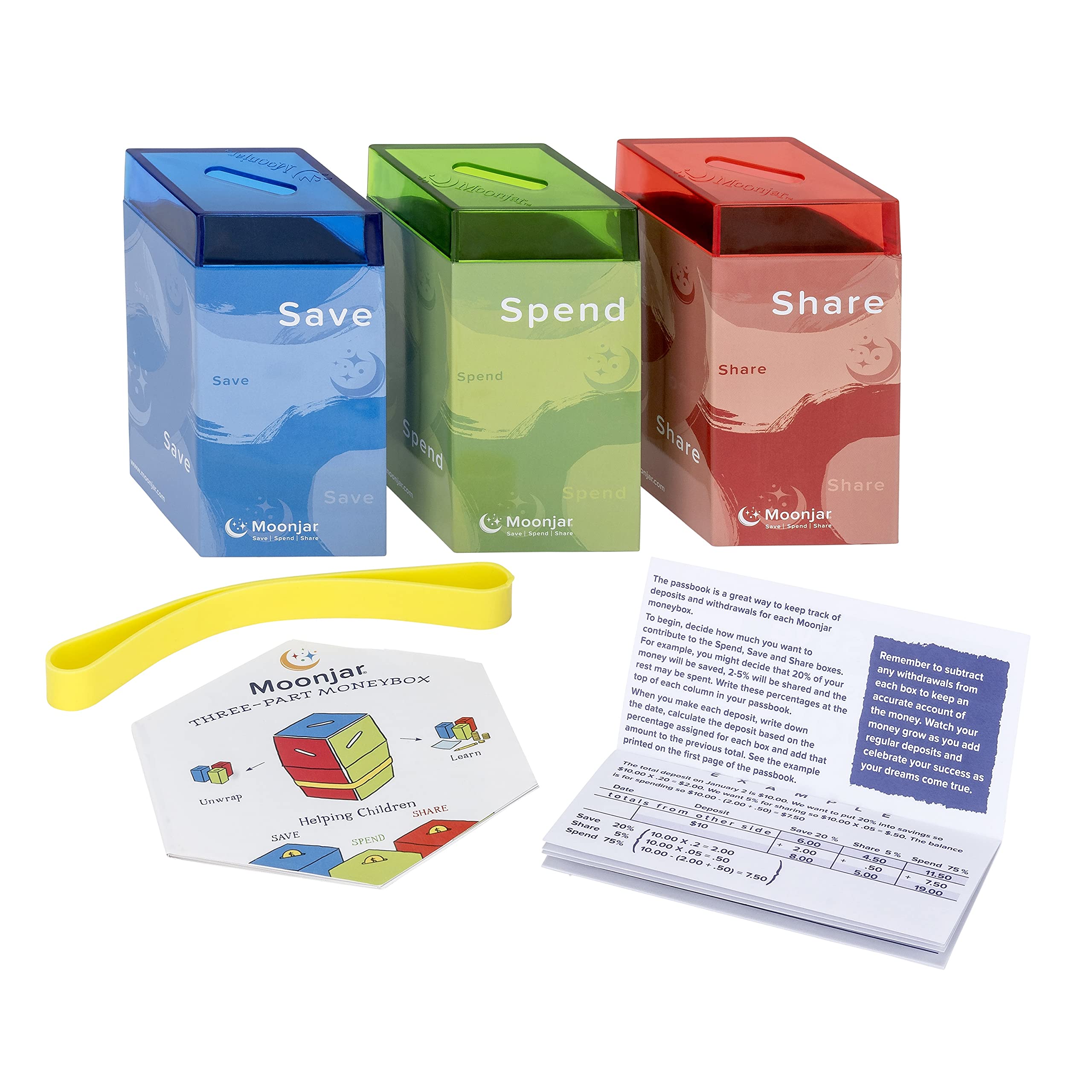 Moonjar color-coded lids showing Save, Spend, and Share at a glance