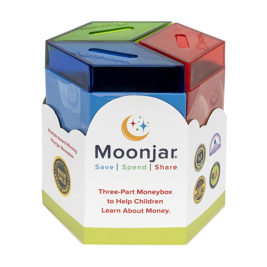 Moonjar Classic moneybox overview with Save, Spend, Share concept for families