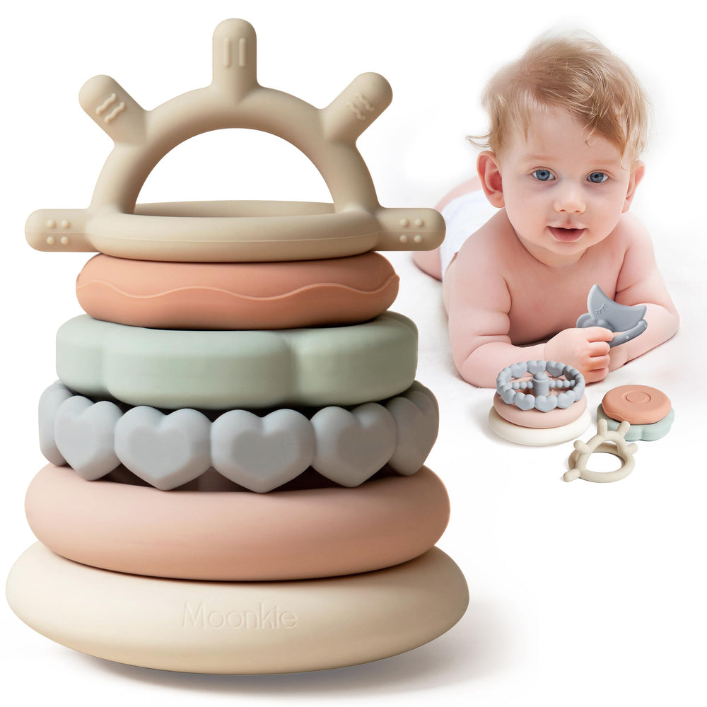 Moonkie Stacks of Circles: colorful rings for safe teething and early motor skills.