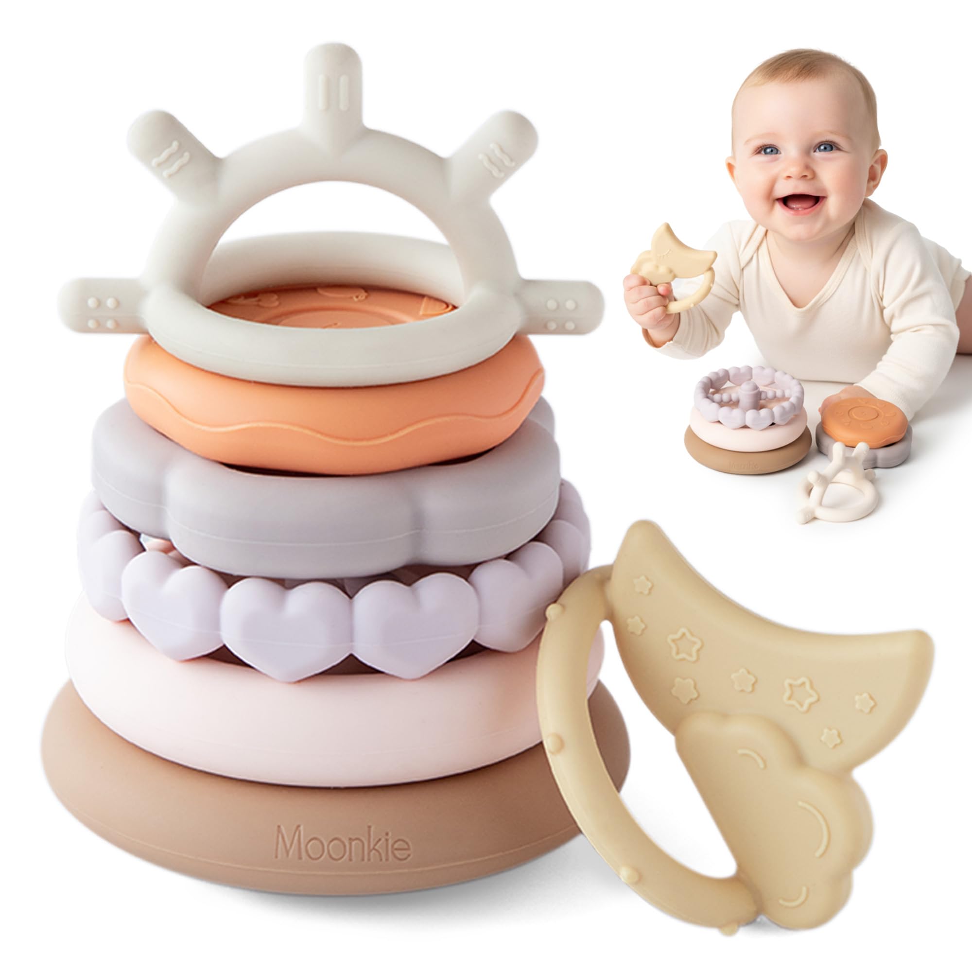 Moonkie stacks of circles soft teething toy closeup, showcasing safe silicone for gentle baby play
