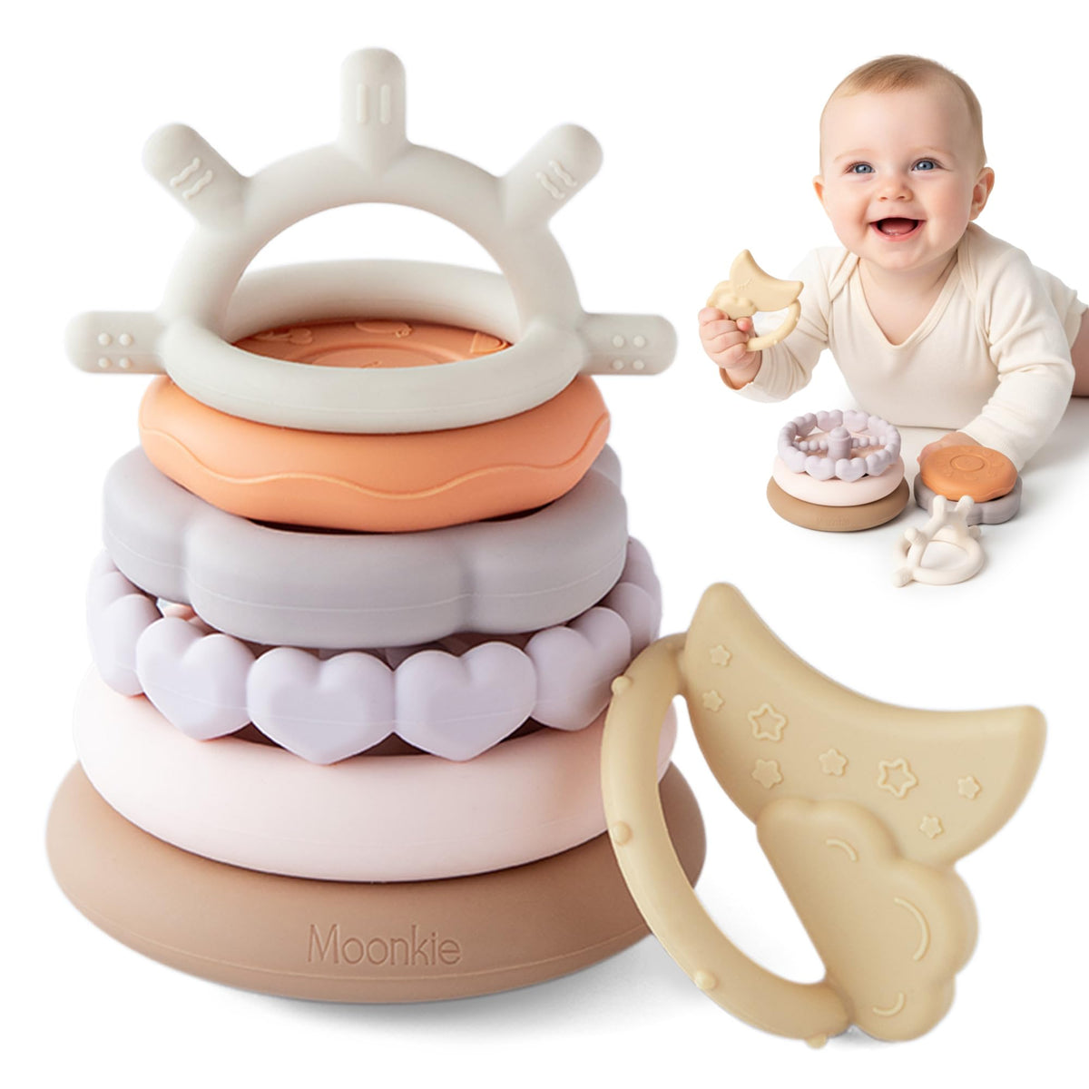 Moonkie stacks of circles soft teething toy closeup, showcasing safe silicone for gentle baby play