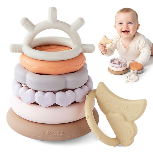 Moonkie stacks of circles soft teething toy closeup, showcasing safe silicone for gentle baby play