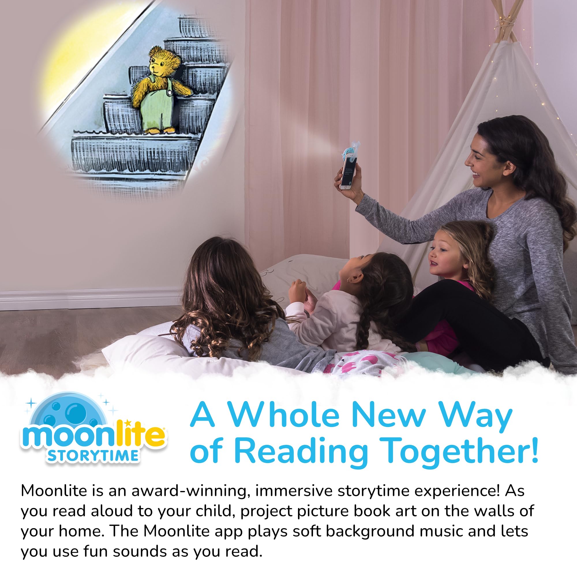 Moonlite Storytime Mini Projector displays Disney stories for delightful family reading