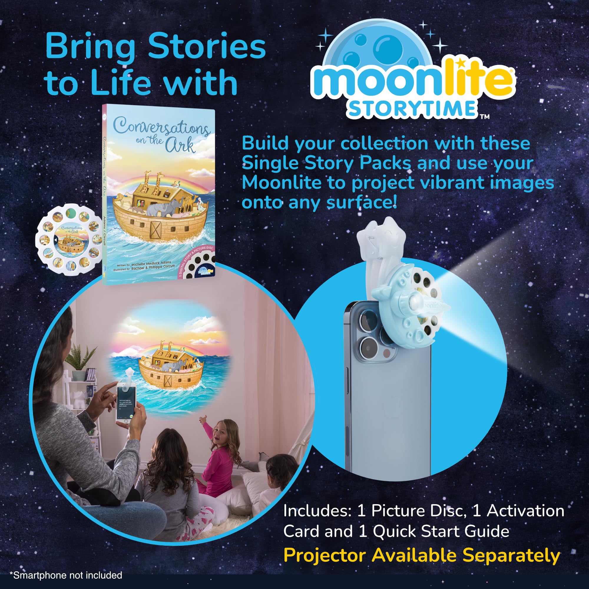 Moonlite Ark projections light walls during read-aloud with Noah’s Ark imagery.