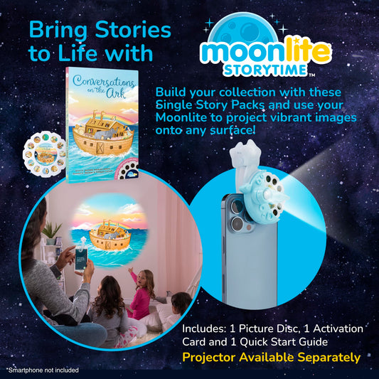 Moonlite Ark projections light walls during read-aloud with Noah’s Ark imagery.