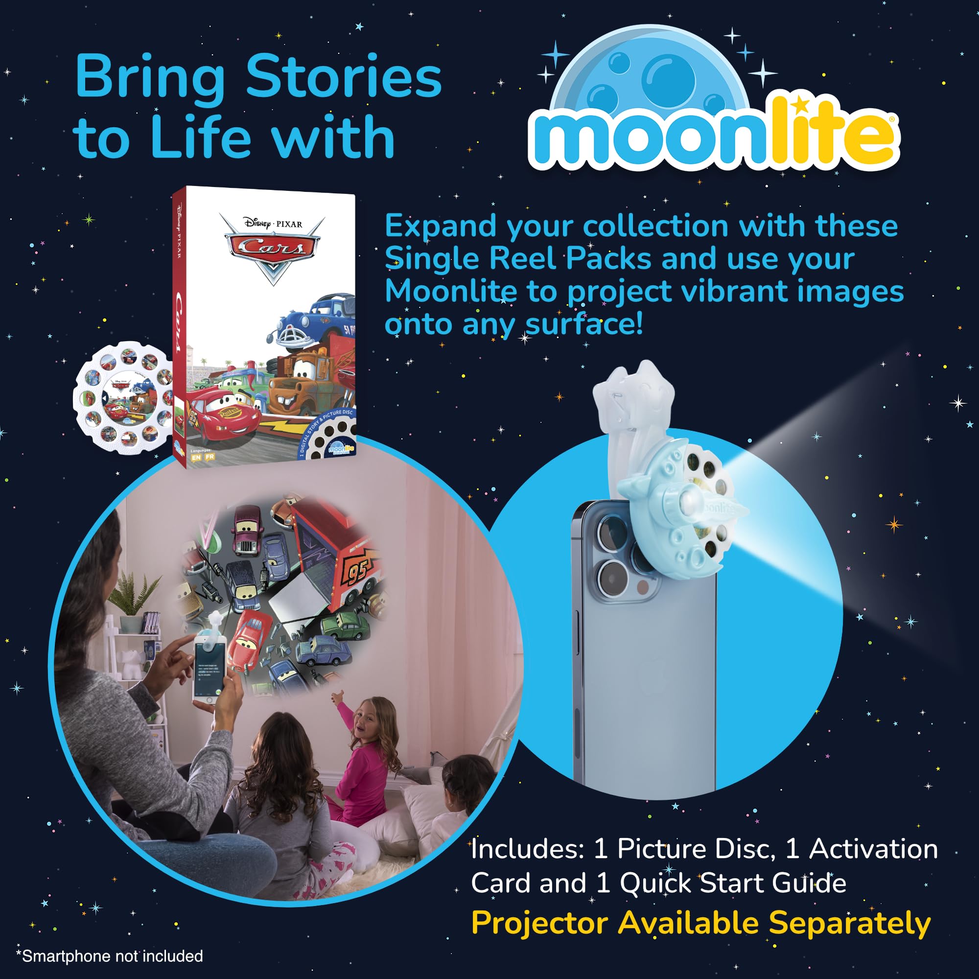 Moonlite Cars Disc storybook reel enhances reading with magical visuals.