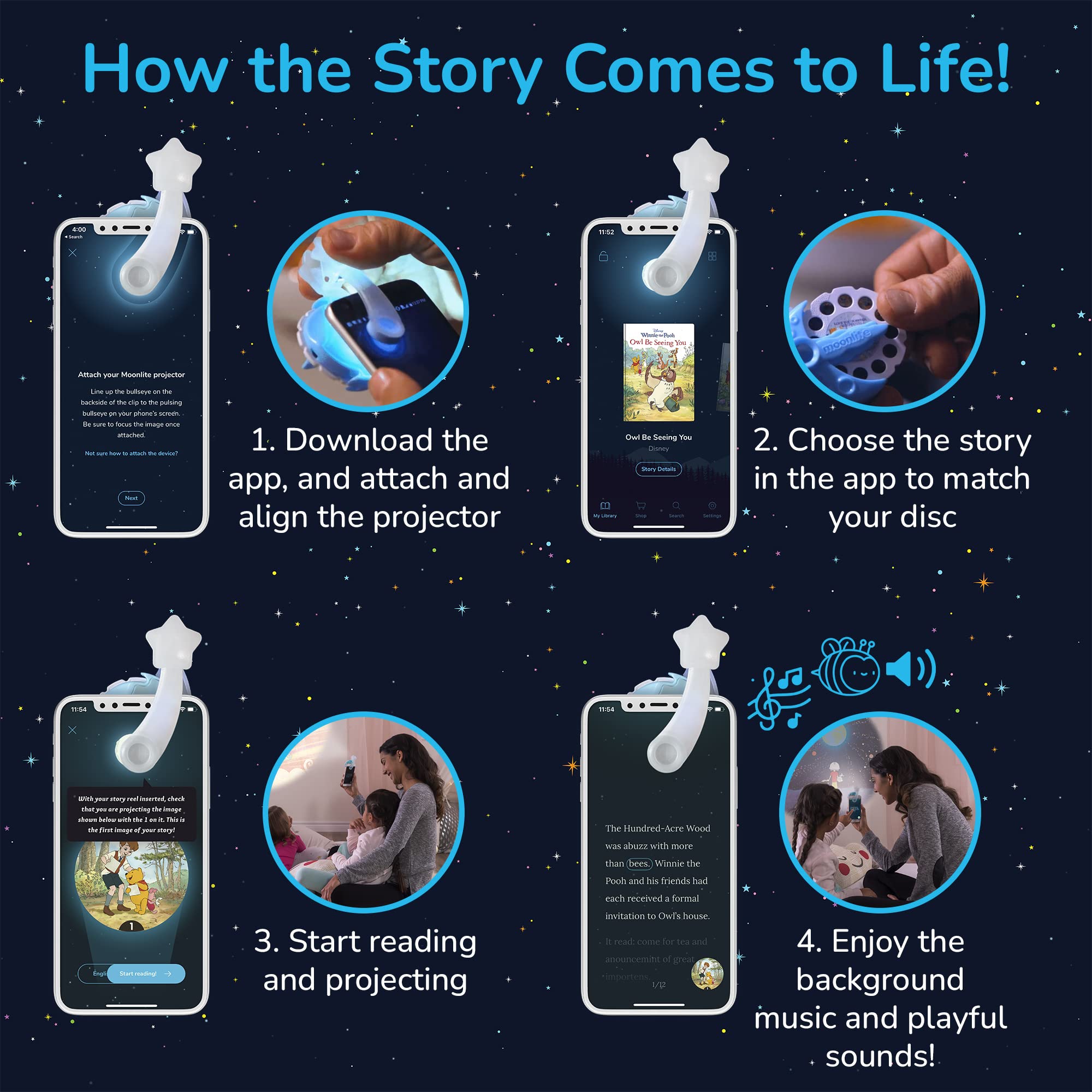 Moonlite Disney Pinocchio illustrations invite classic adventures before sleep.