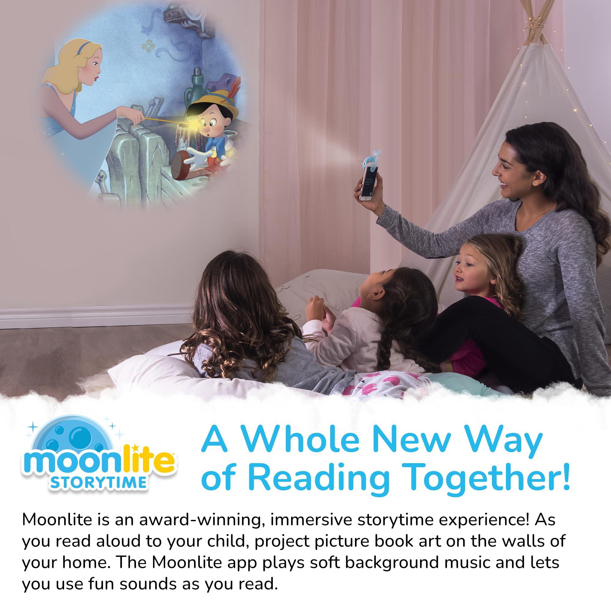 Moonlite projection with smartphone app enables interactive reading moments for kids.