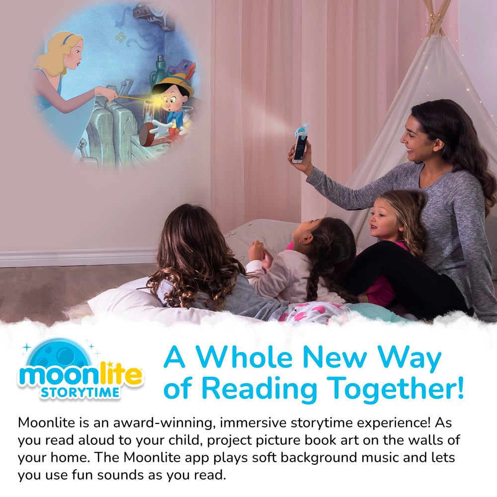 Moonlite projection with smartphone app enables interactive reading moments for kids.