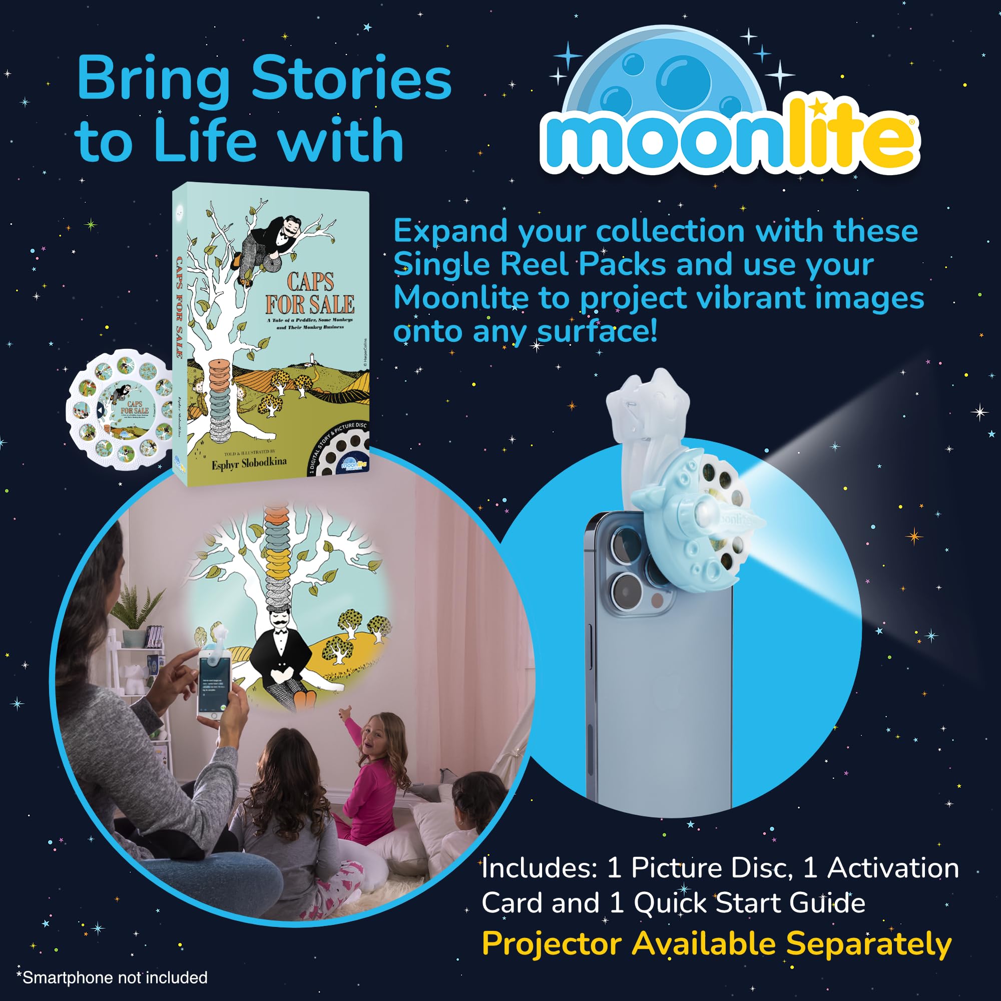 Moonlite projector-ready setup with lively wall visuals to captivate children.
