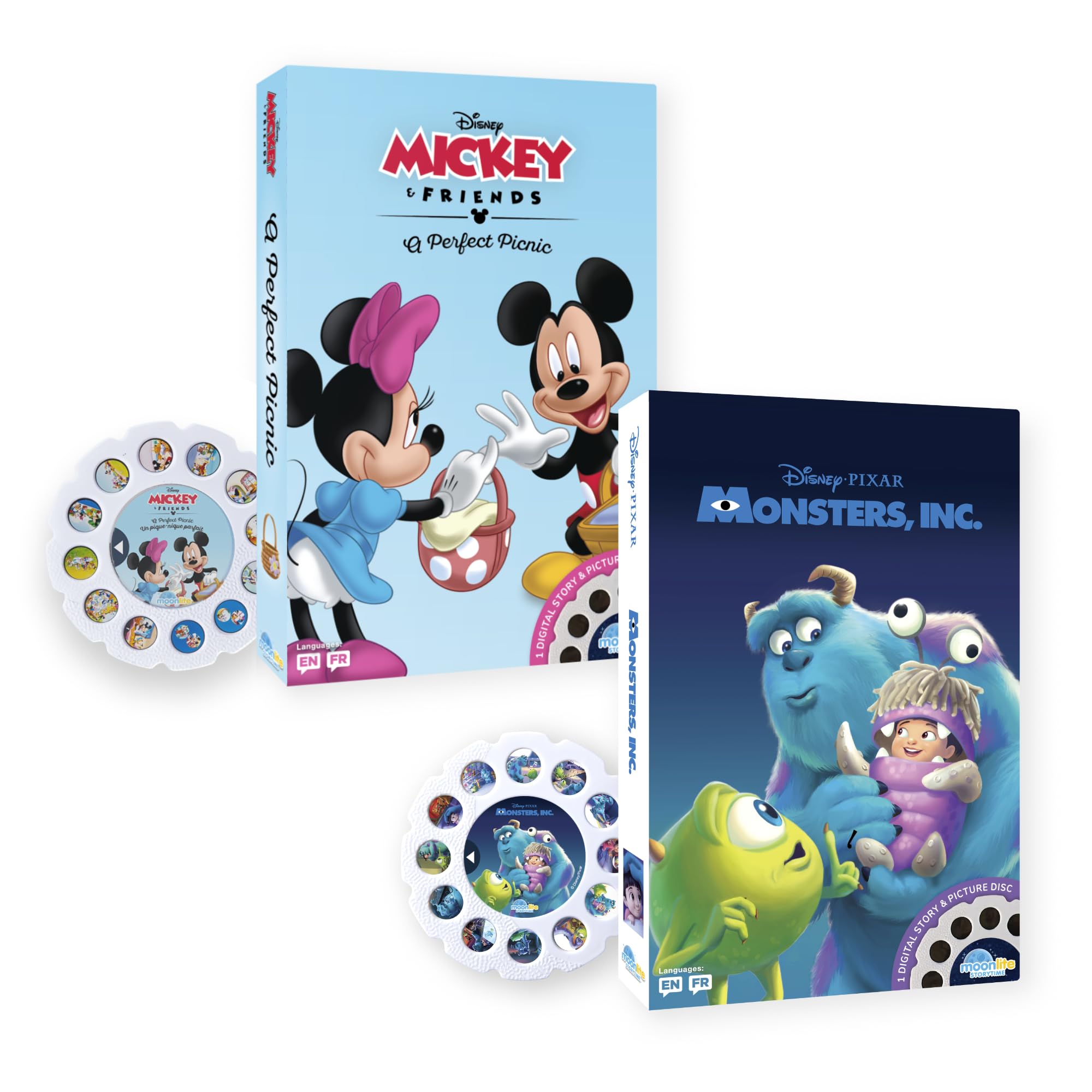 Moonlite Storytime reels show Mickey and Friends picnic visuals for imaginative play.