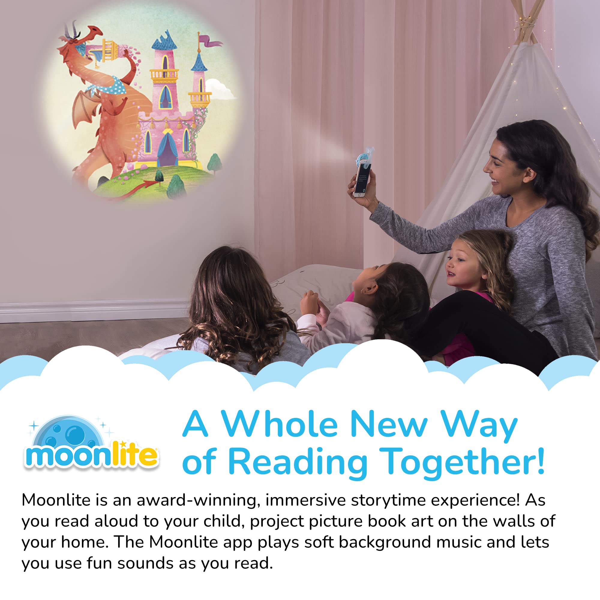 Moonlite Storytime app sound effects menu enhances storytelling ambiance.