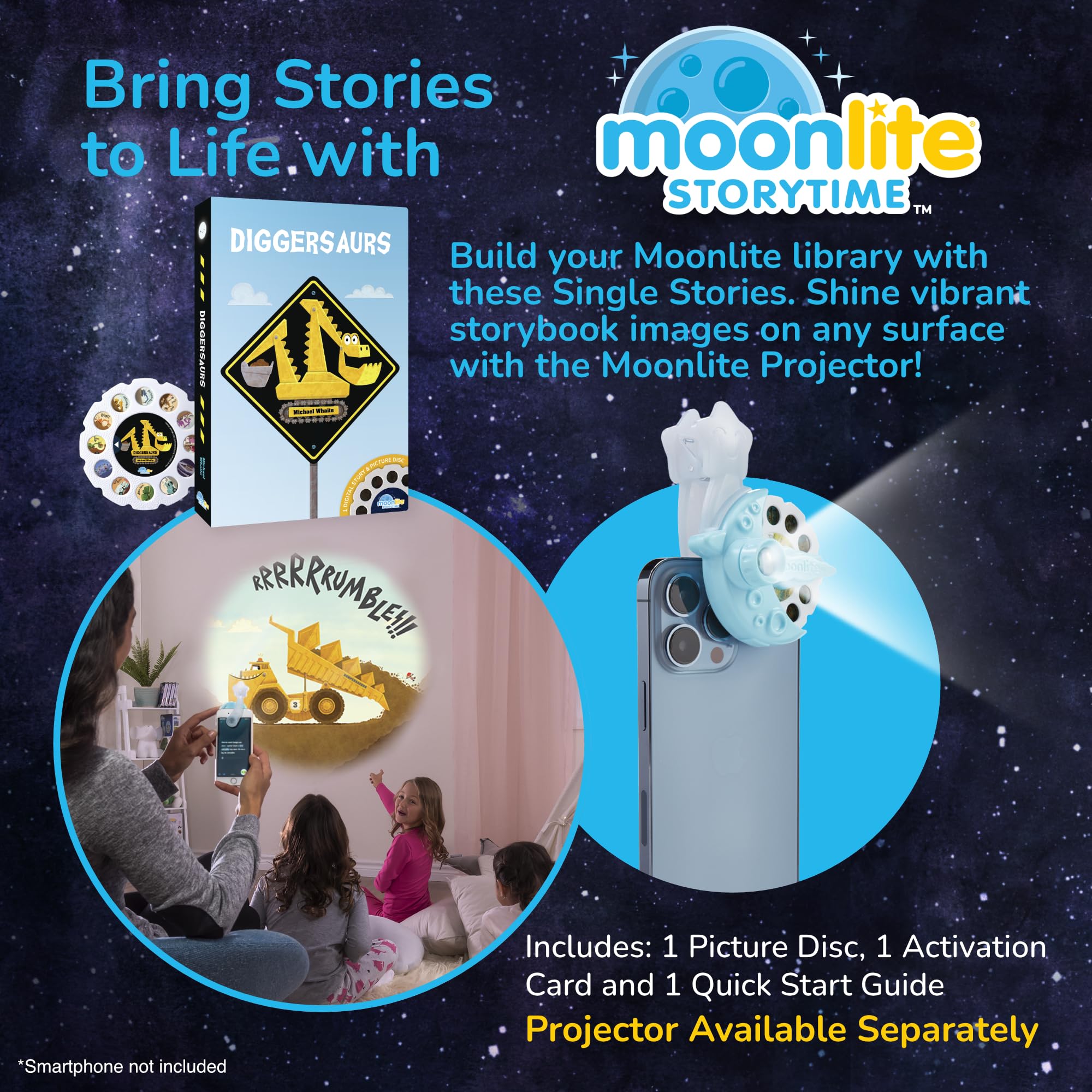 Moonlite Storytime Disc projected onto wall creates magical bedtime moments