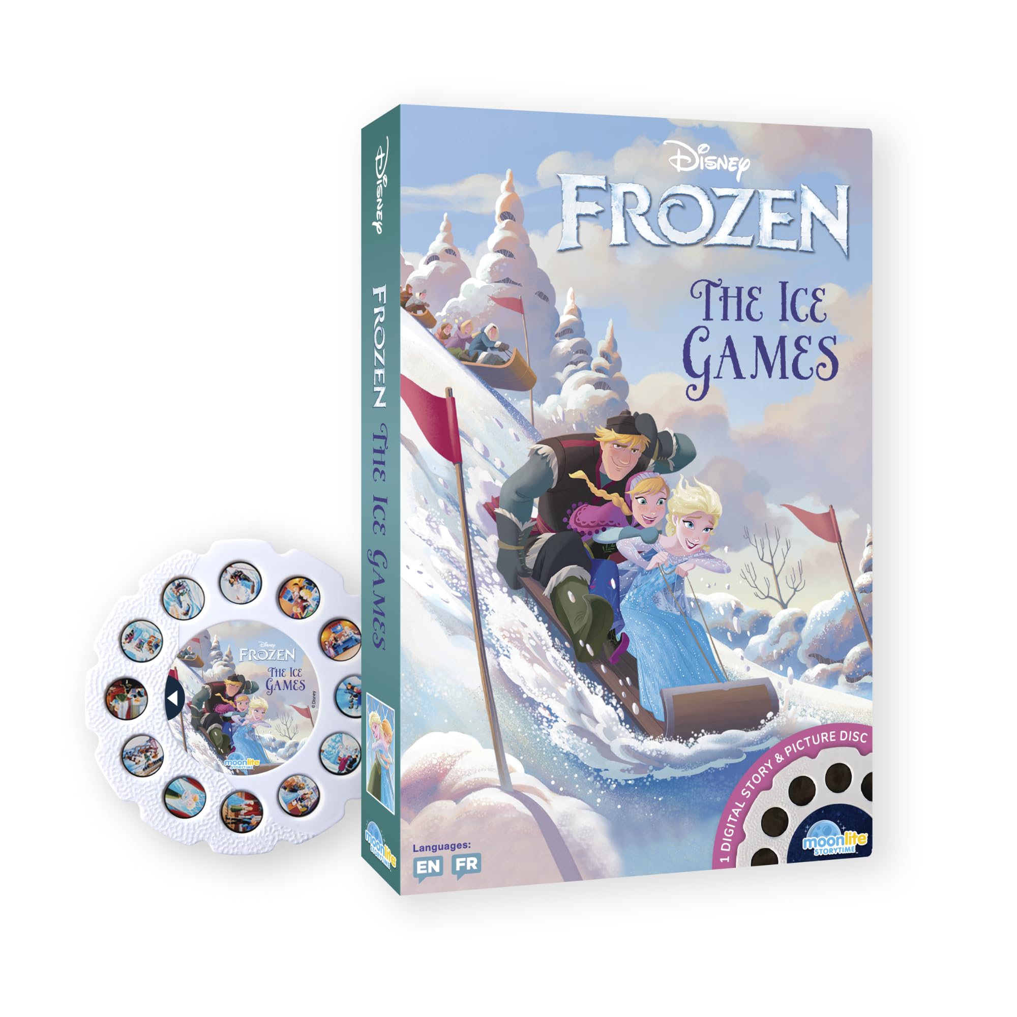 Moonlite Storytime Ice Games projector setup projects a vibrant bedtime scene on the wall.