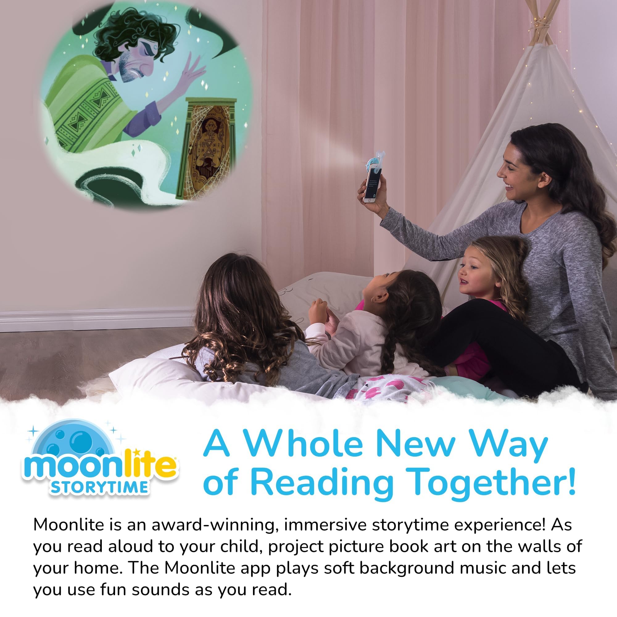 Moonlite Storytime in-app sound effects accentuate the projected tale for engaging listening.