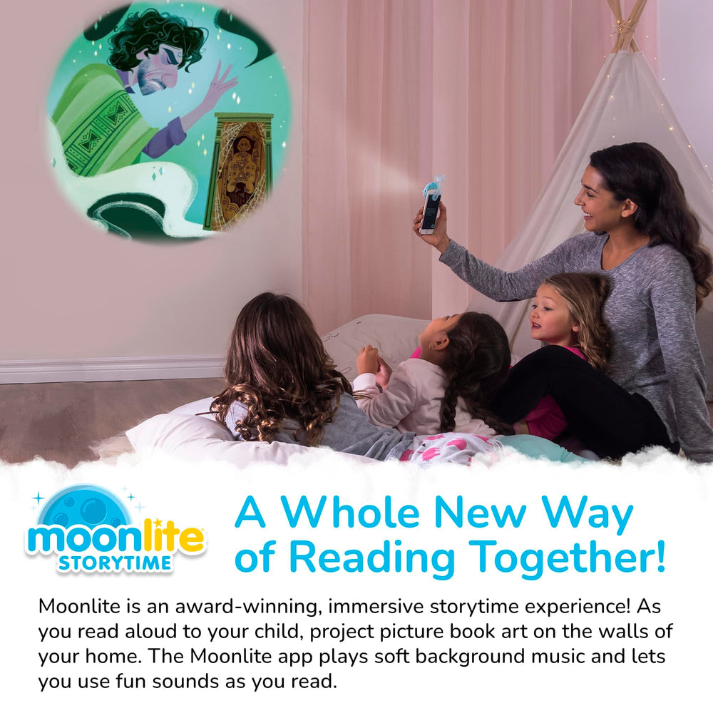 Moonlite Storytime in-app sound effects accentuate the projected tale for engaging listening.