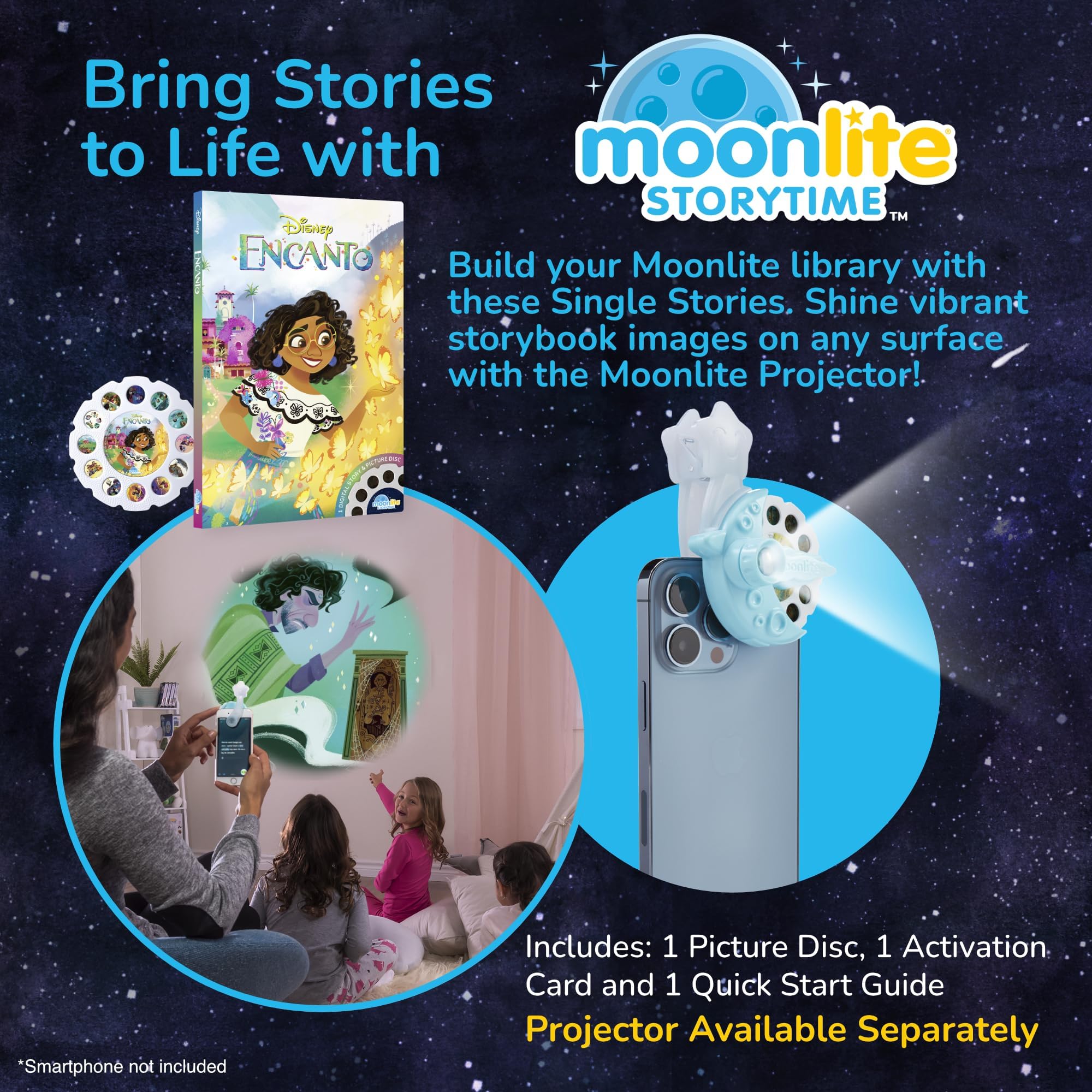 Moonlite Storytime Madrigal family characters appear on screen to spark imagination.
