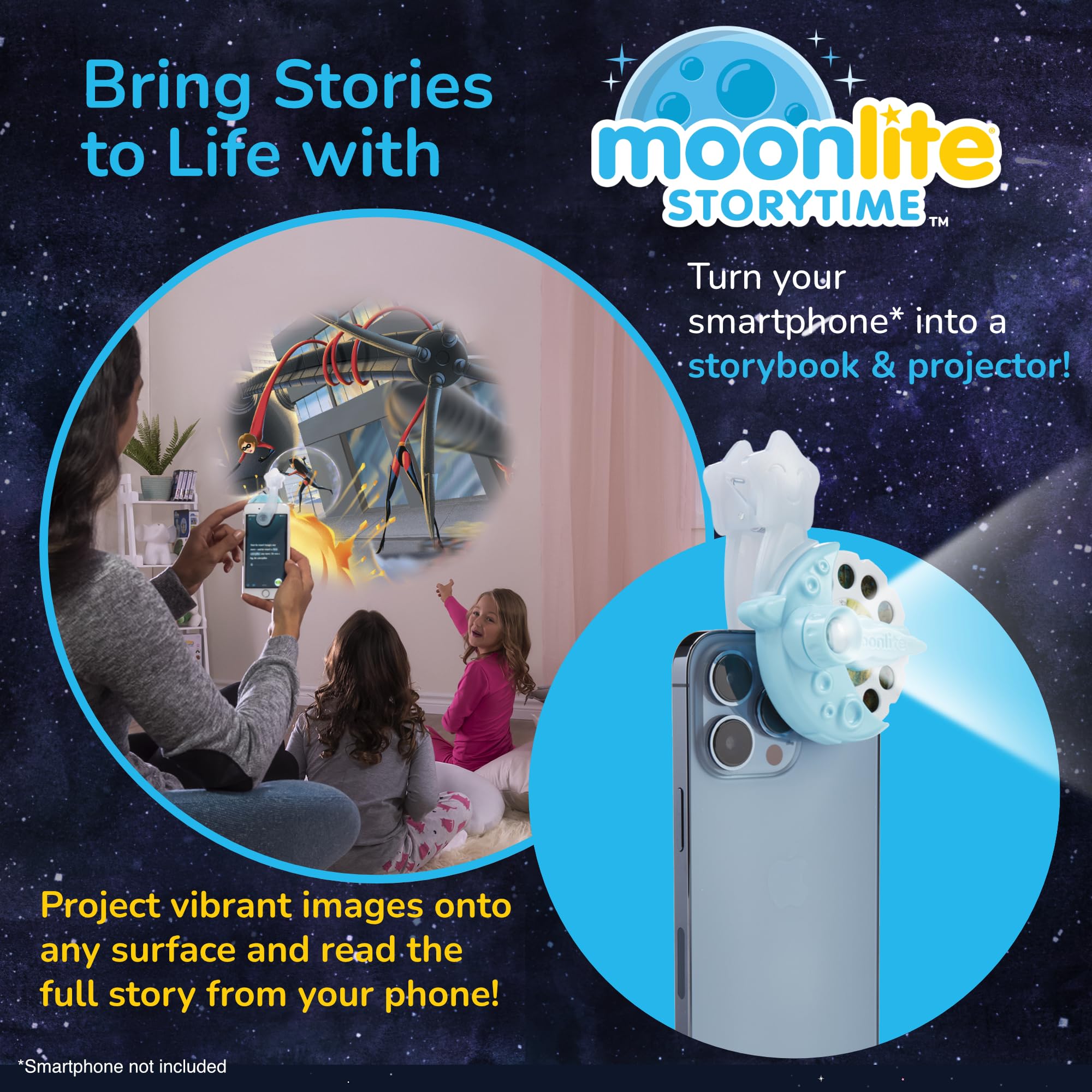Moonlite Storytime Mini Projector in use during kids' reading with vivid images