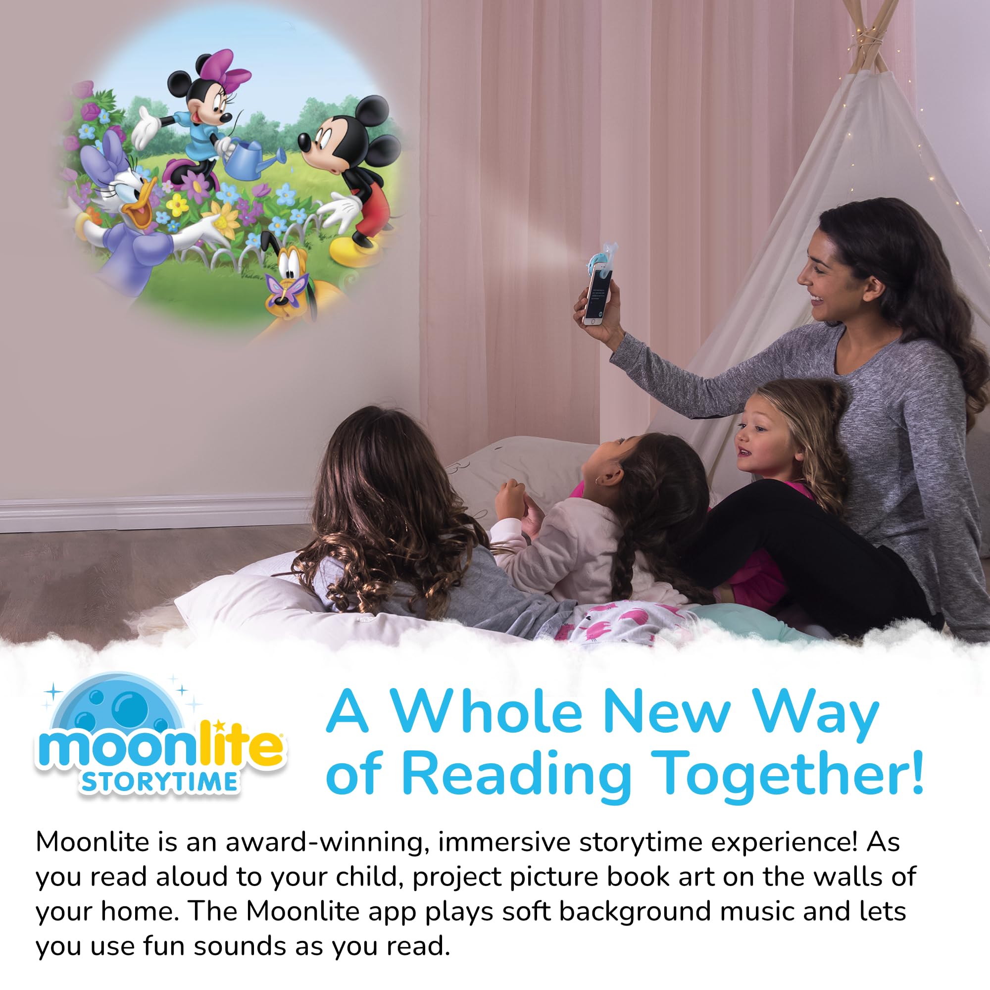 Moonlite Storytime Mini Projector in living room with characters projected on wall