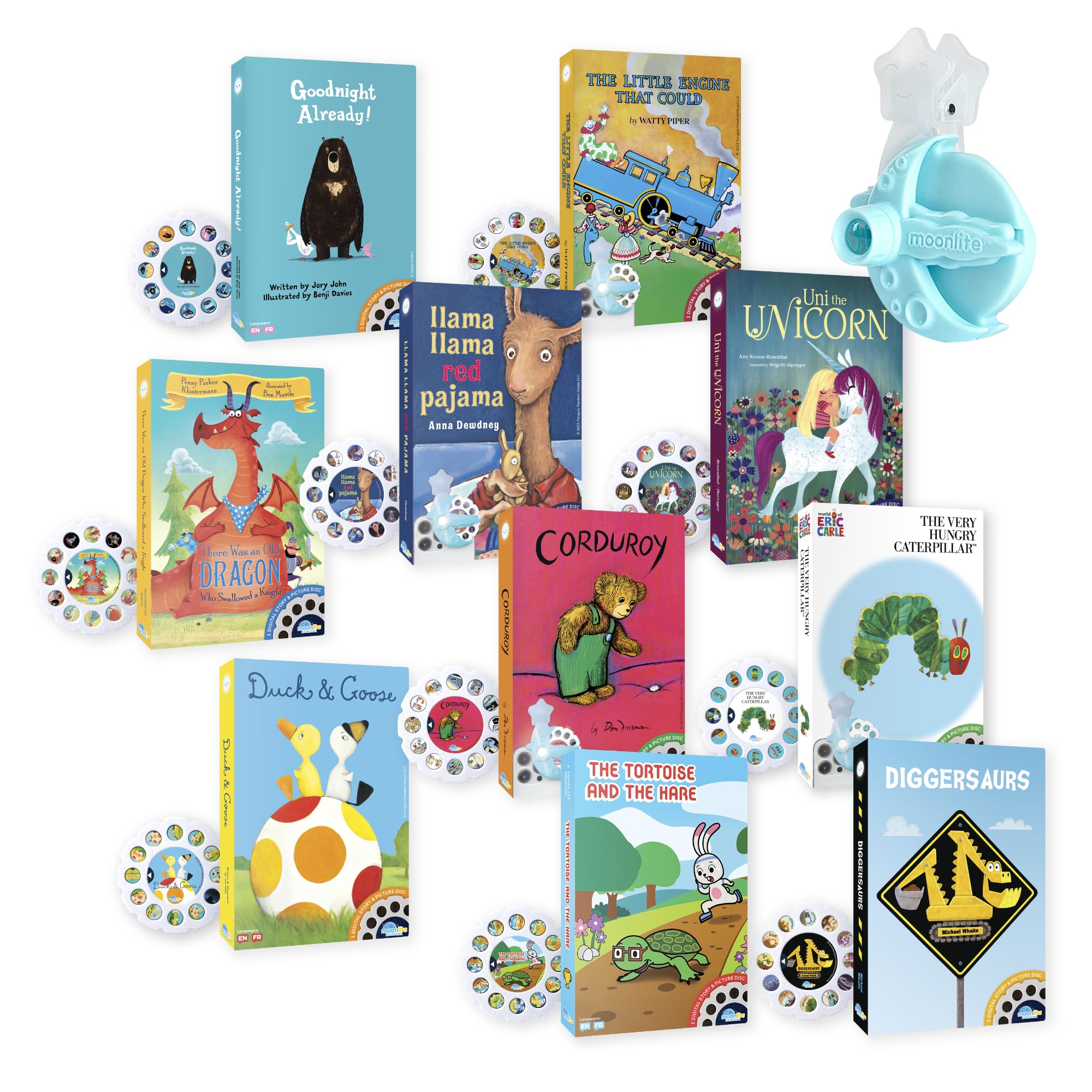 Moonlite Storytime Mini Projector setup demonstrates phone attachment for storytelling