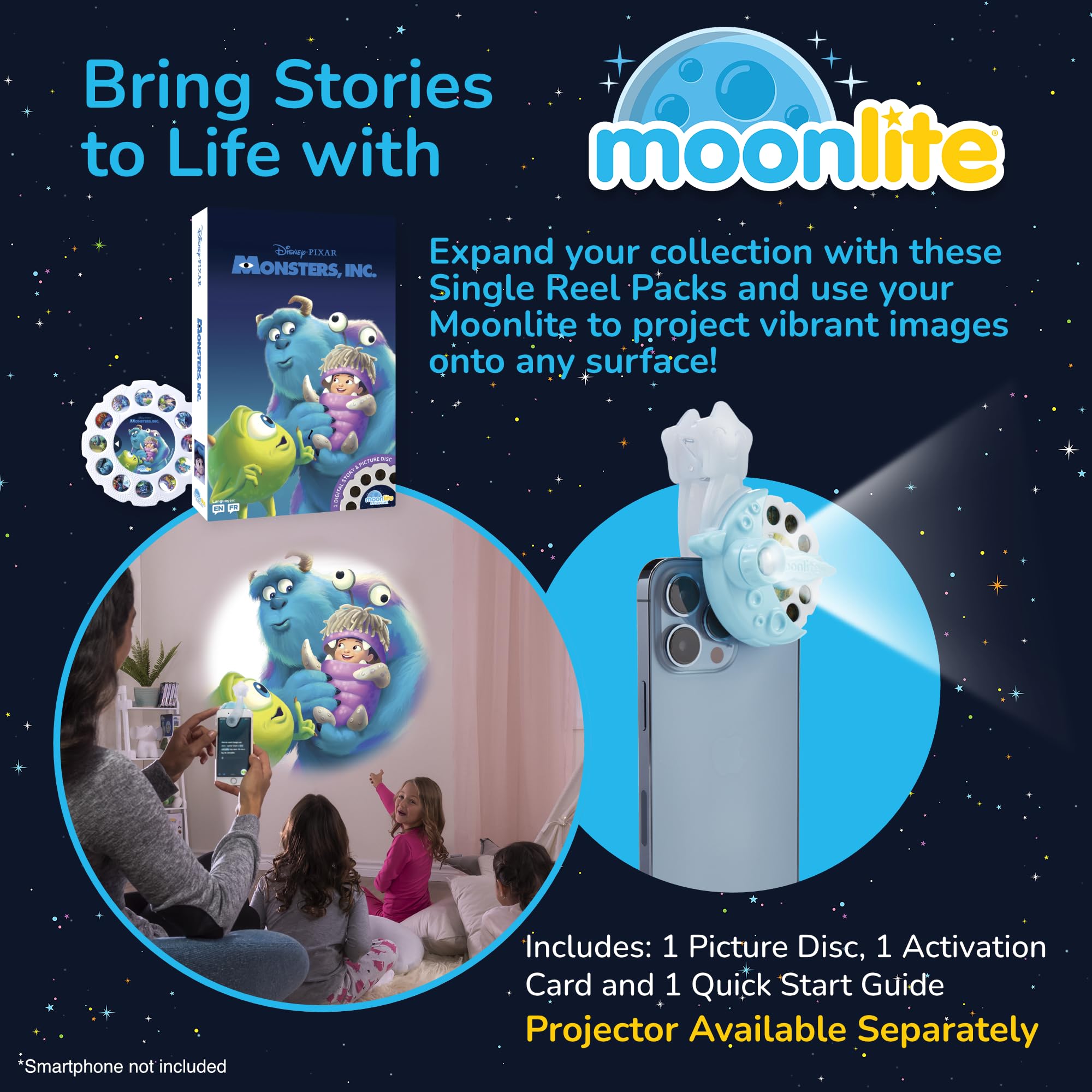 Moonlite Storytime Monsters Inc disc projecting onto a wall for immersive storytelling