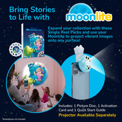 Moonlite Storytime Monsters Inc disc projecting onto a wall for immersive storytelling