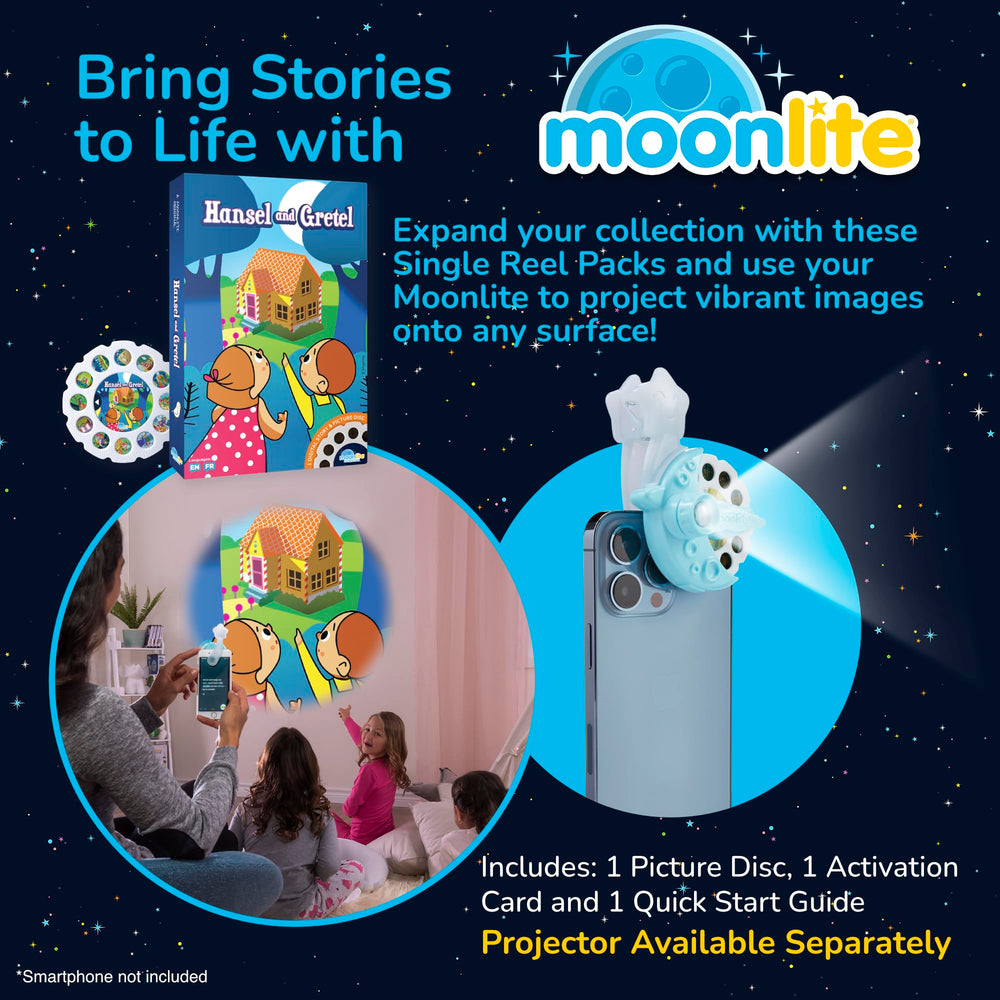 Moonlite storytime projector clip attached to a smartphone for storytelling.