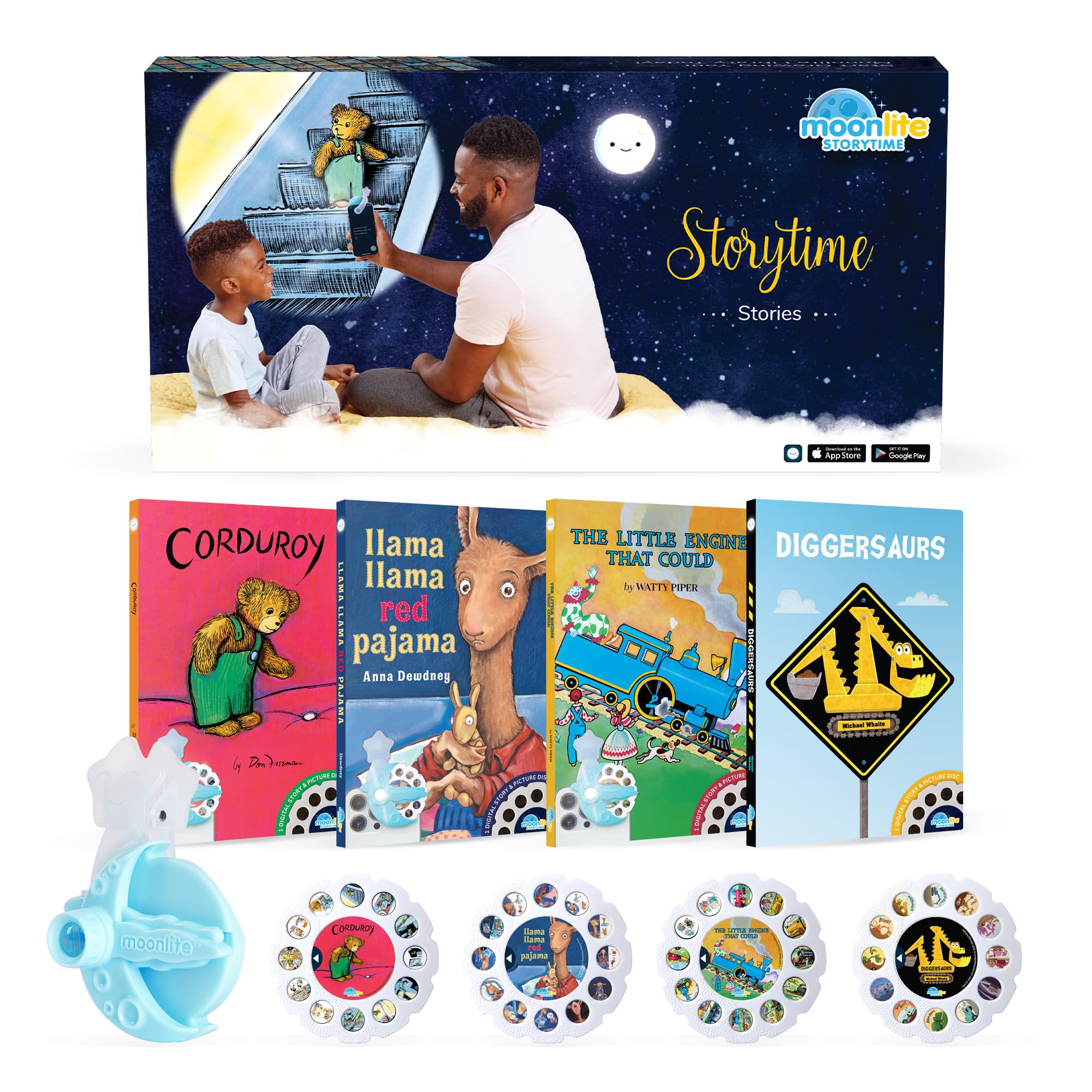 Moonlite Storytime Projector casts vivid wall images to bring bedtime stories to life.