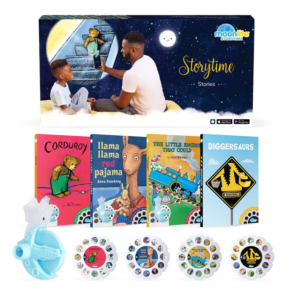 Moonlite Storytime Projector casts vivid wall images to bring bedtime stories to life.