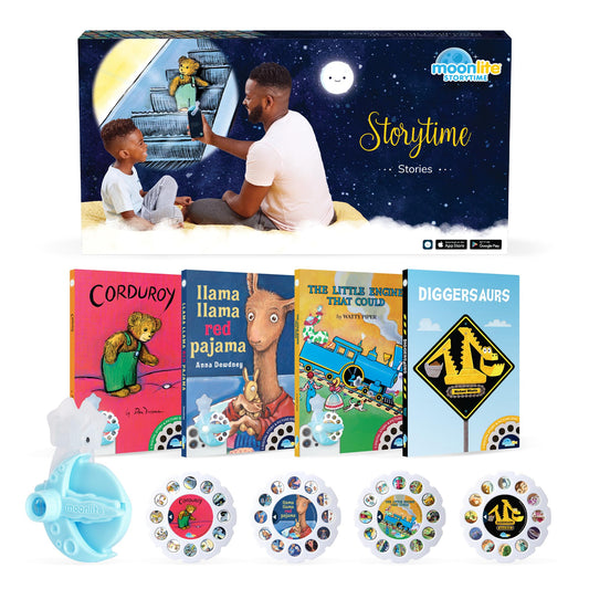Moonlite Storytime Projector casts vivid wall images to bring bedtime stories to life.
