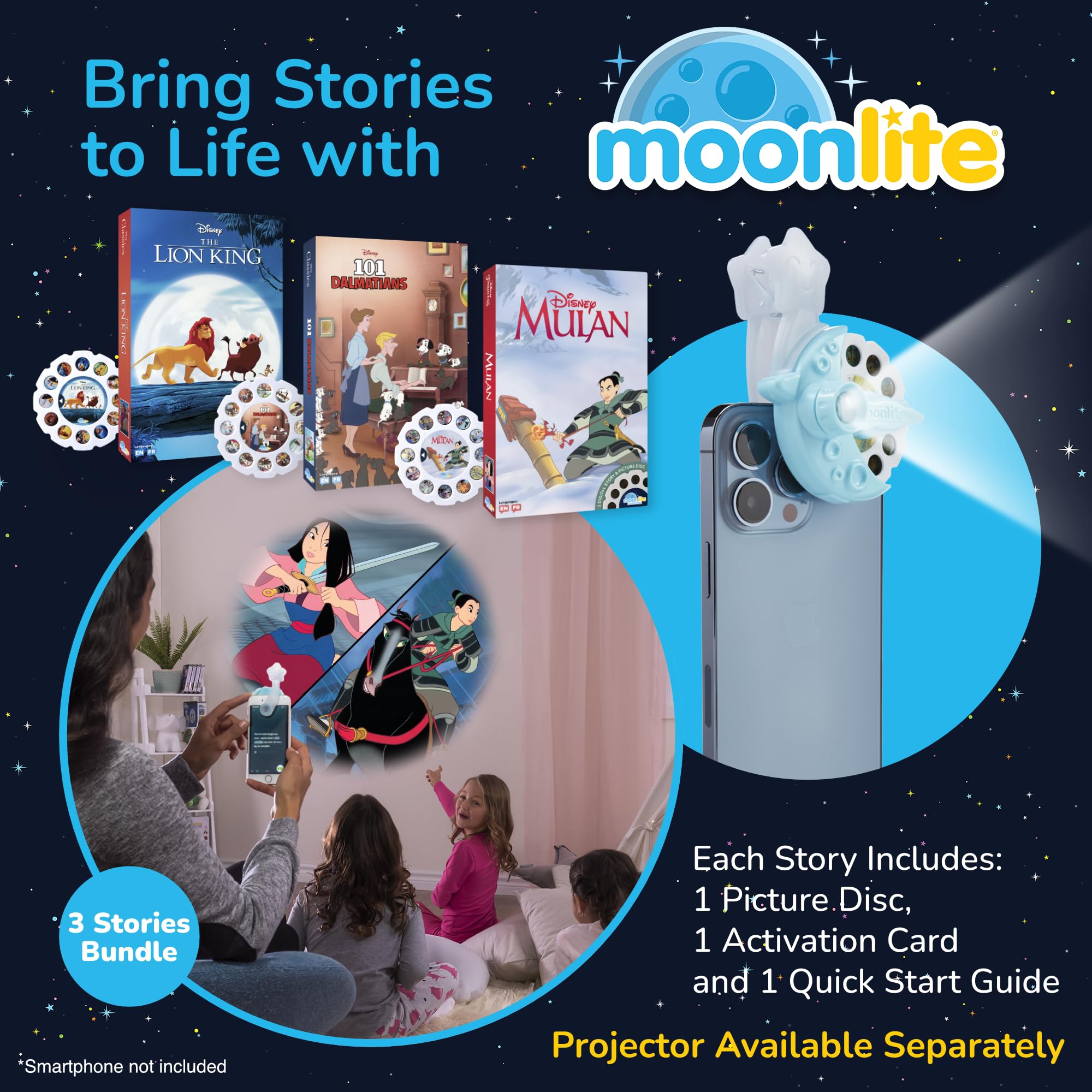 Moonlite Storytime Reels featuring 101 Dalmatians on ceiling for playful learning.