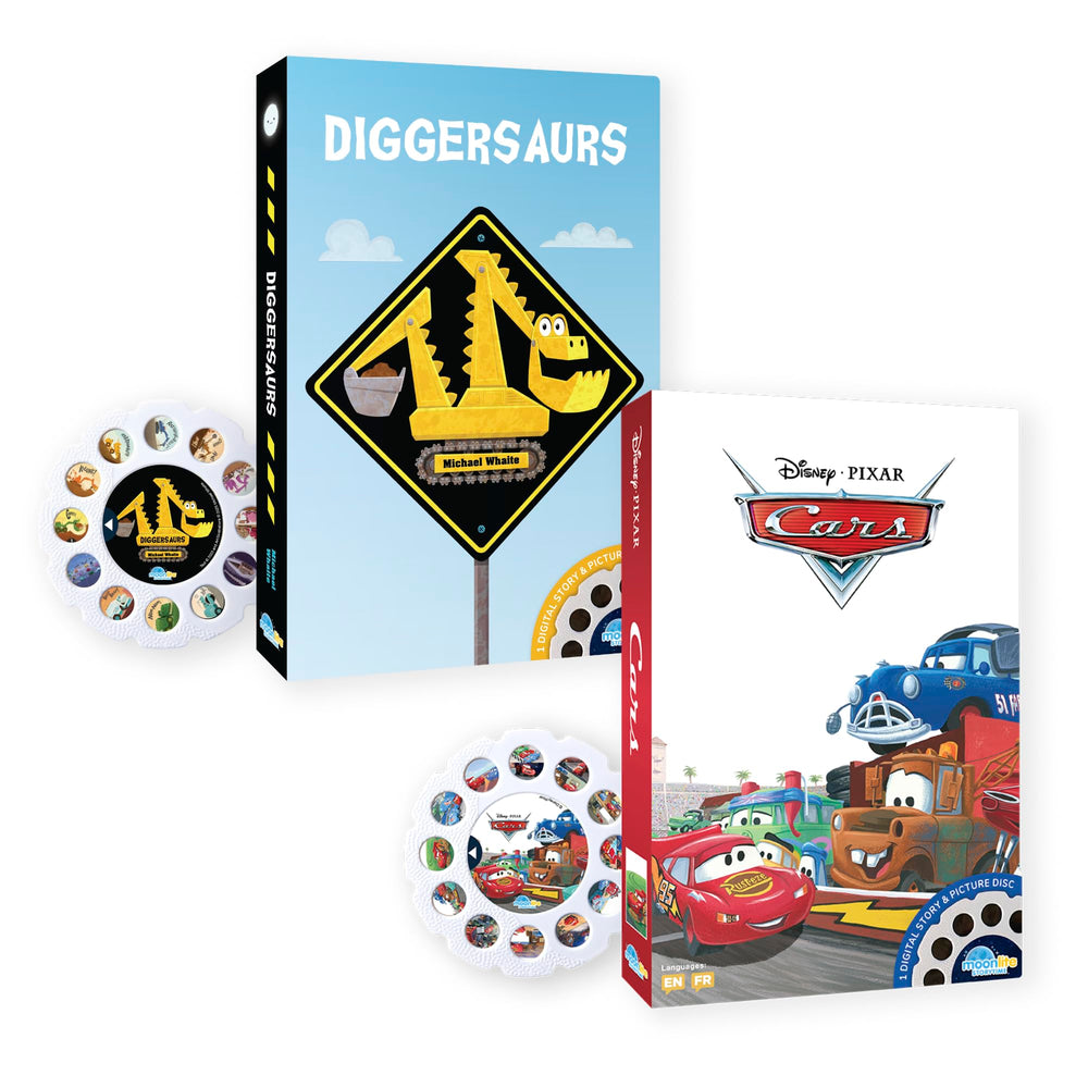 Moonlite Storytime Reels Cars and Diggersaurs on wall projection for toddlers