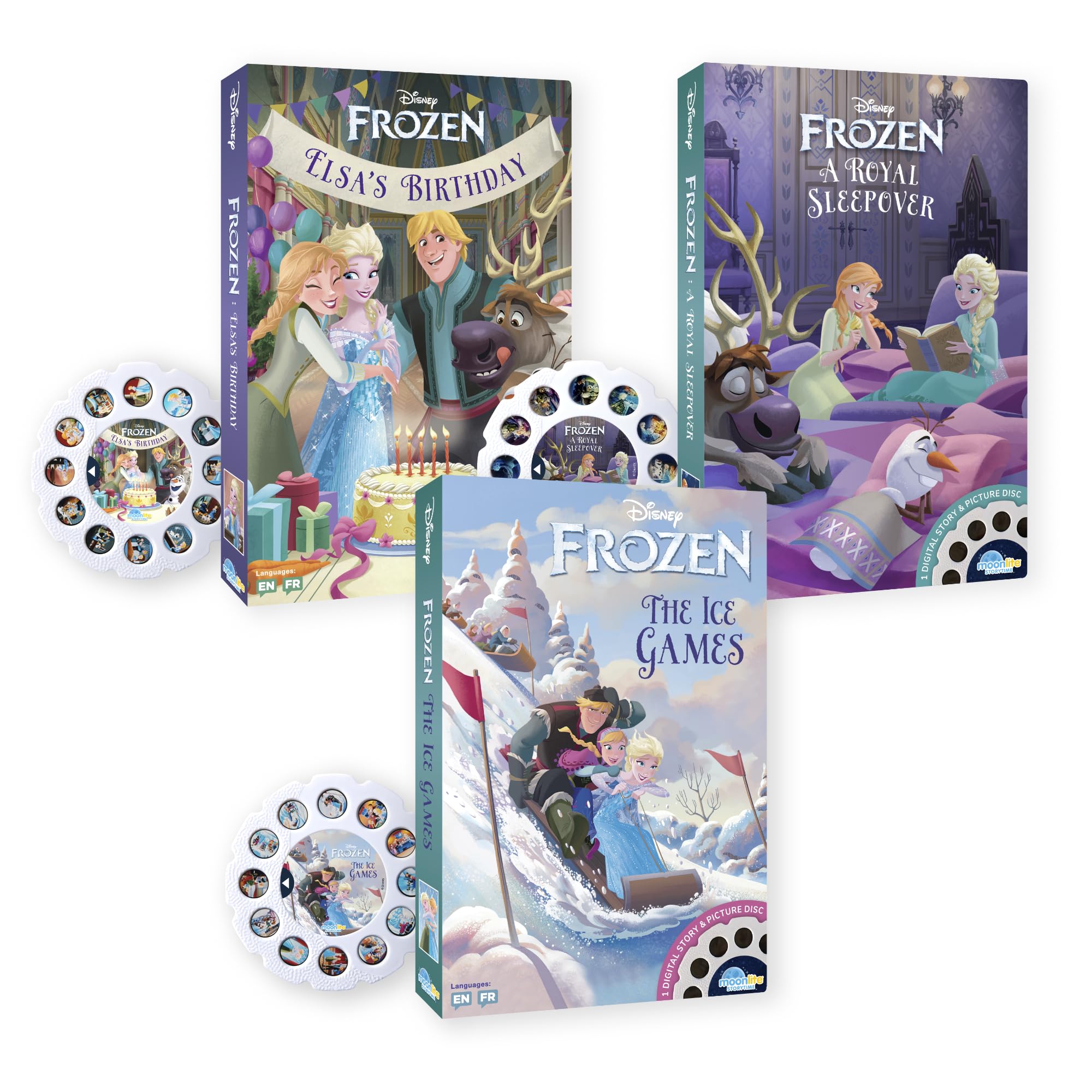 Moonlite Storytime Reels Frozen projection on wall for immersive bedtime reading.