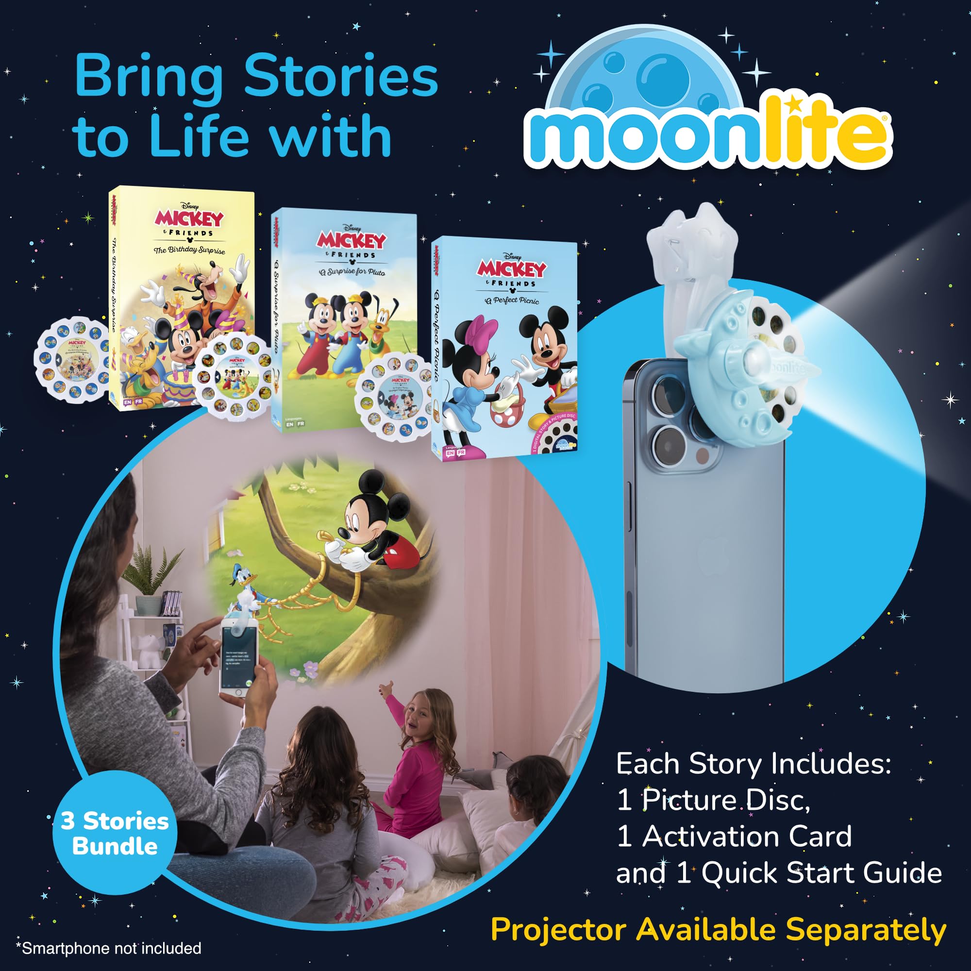 Moonlite Storytime Reels projection scene showing family reading together.